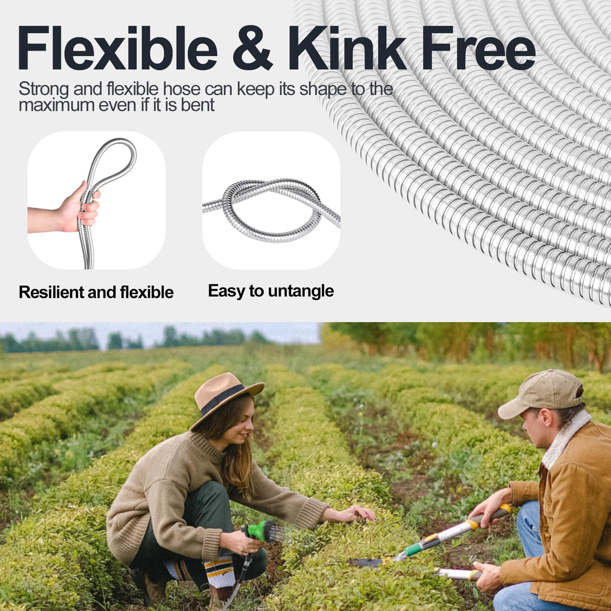 SPECILITE 50ft 304 Stainless Steel Garden Hose, Heavy Duty Flexible Metal Water Pipe with 2 Nozzles for Yard, Outdoor,No Kink and Tangle,Puncture