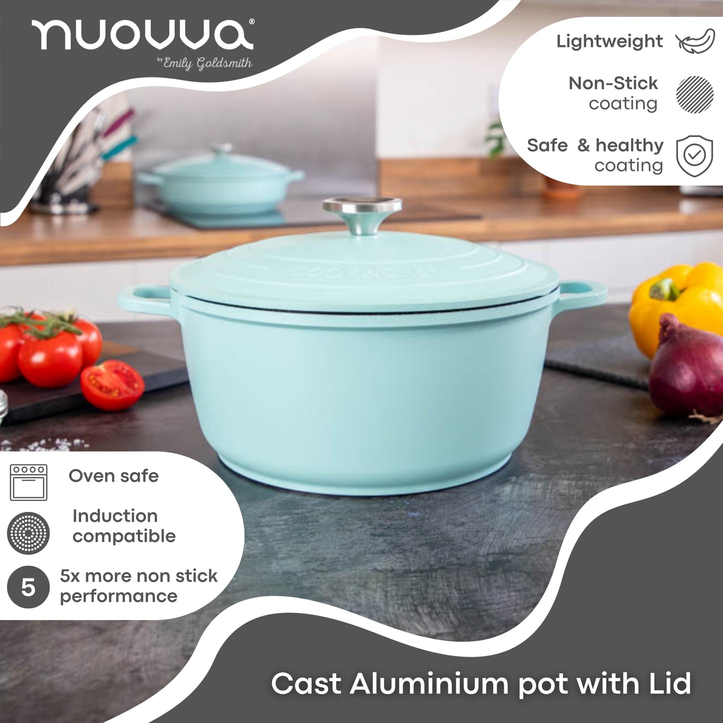 Casserole Dishes with Lid Oven Proof  Non Stick Deep Dutch Oven  Induction Cooking Pot  Oven Safe Aluminium Stockpot  4L, 24cm, Teal  by Nuovva
