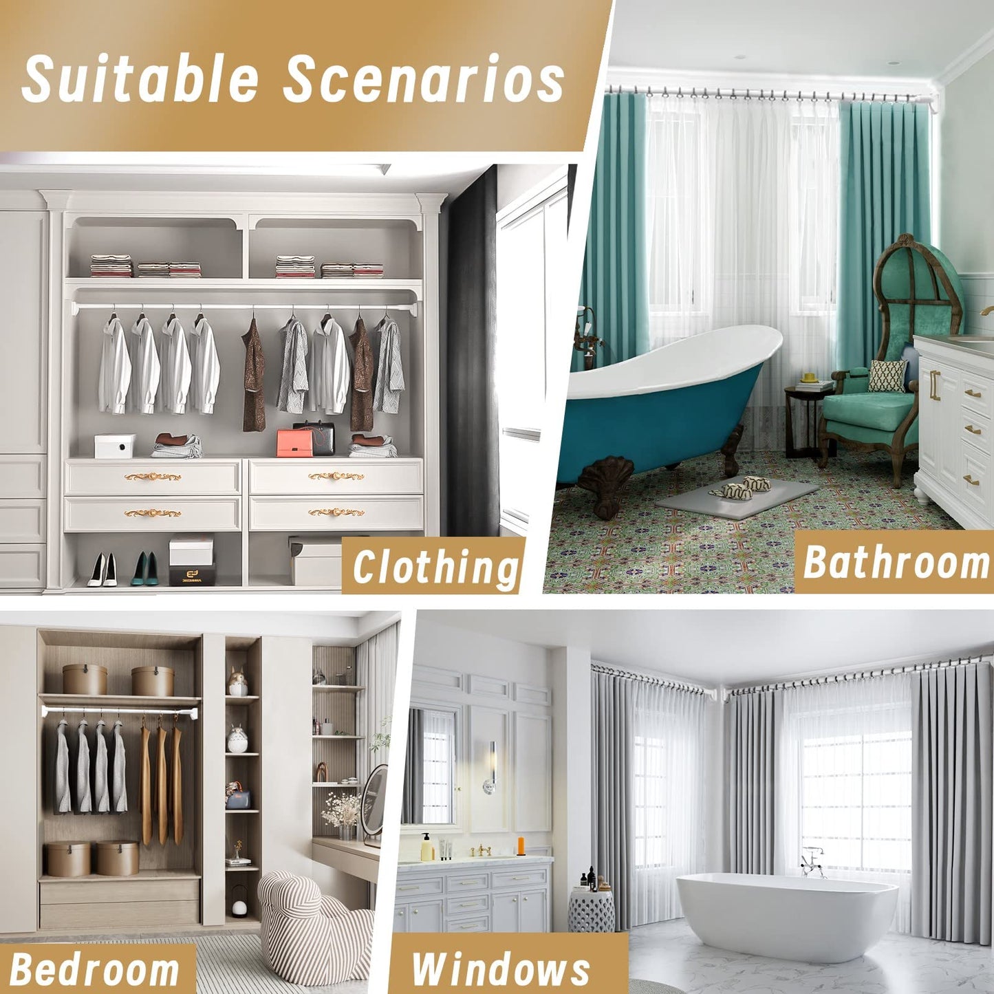 Telescopic Shower Curtain Rod, Steel Tension Pole, Extendable from 110-250cm, 33mm Diameter, No Drilling Installation, Supports up to 50kg, Perfect