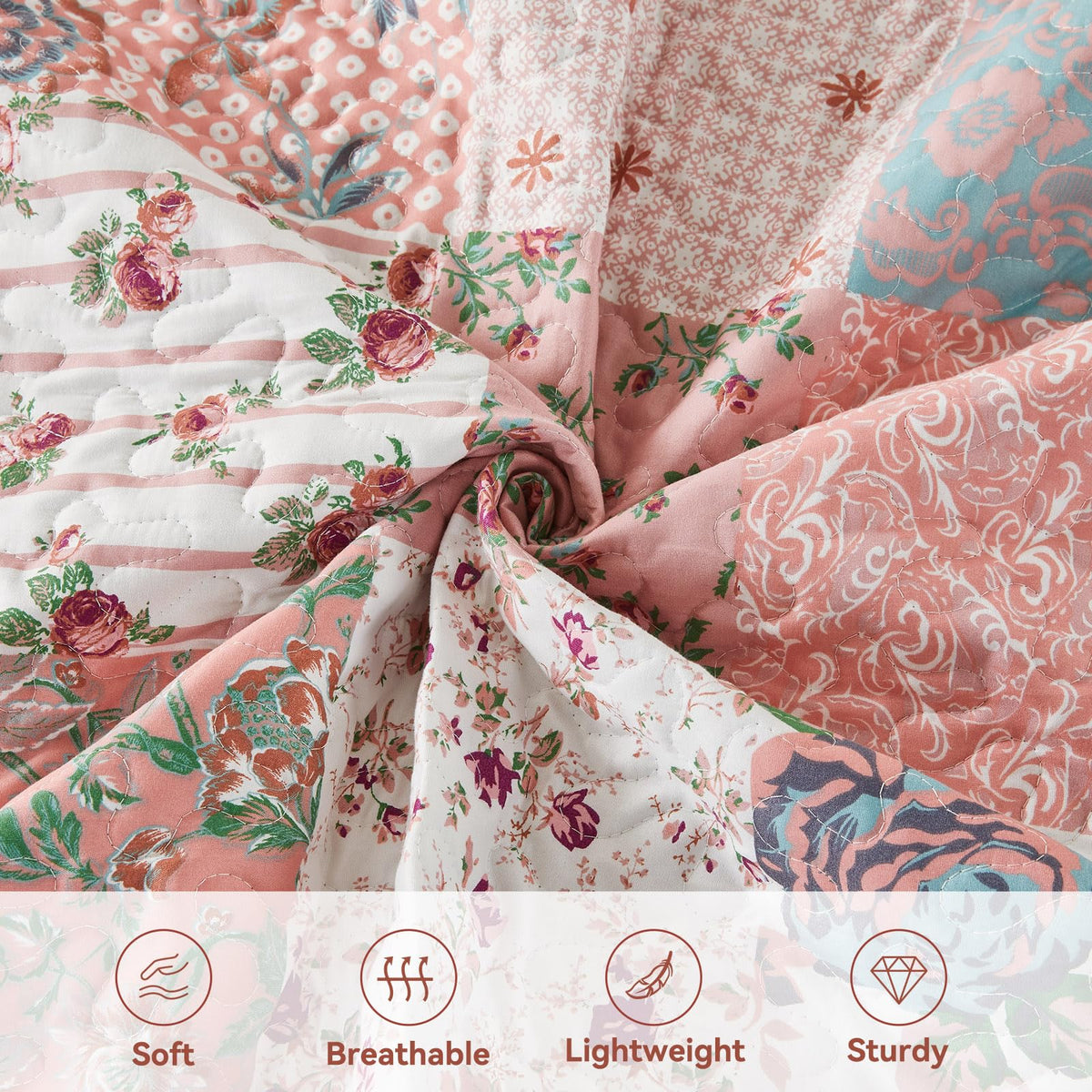 Qucover American Style Patchwork Quilt Soft and Lightweight Summer Bedspread King Size Elegante Flower Parrten Breathable Polyester Quilted Bedspread