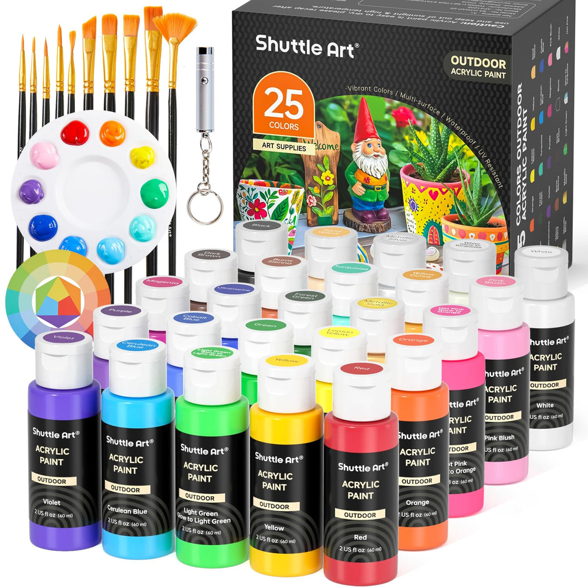 Shuttle Art 25 Colours Outdoor Acrylic Paint, 2oz/60ml Paint for Garden Ornaments with 10 Brushes 1 Palette, Waterproof Acrylic Paints for Artists,