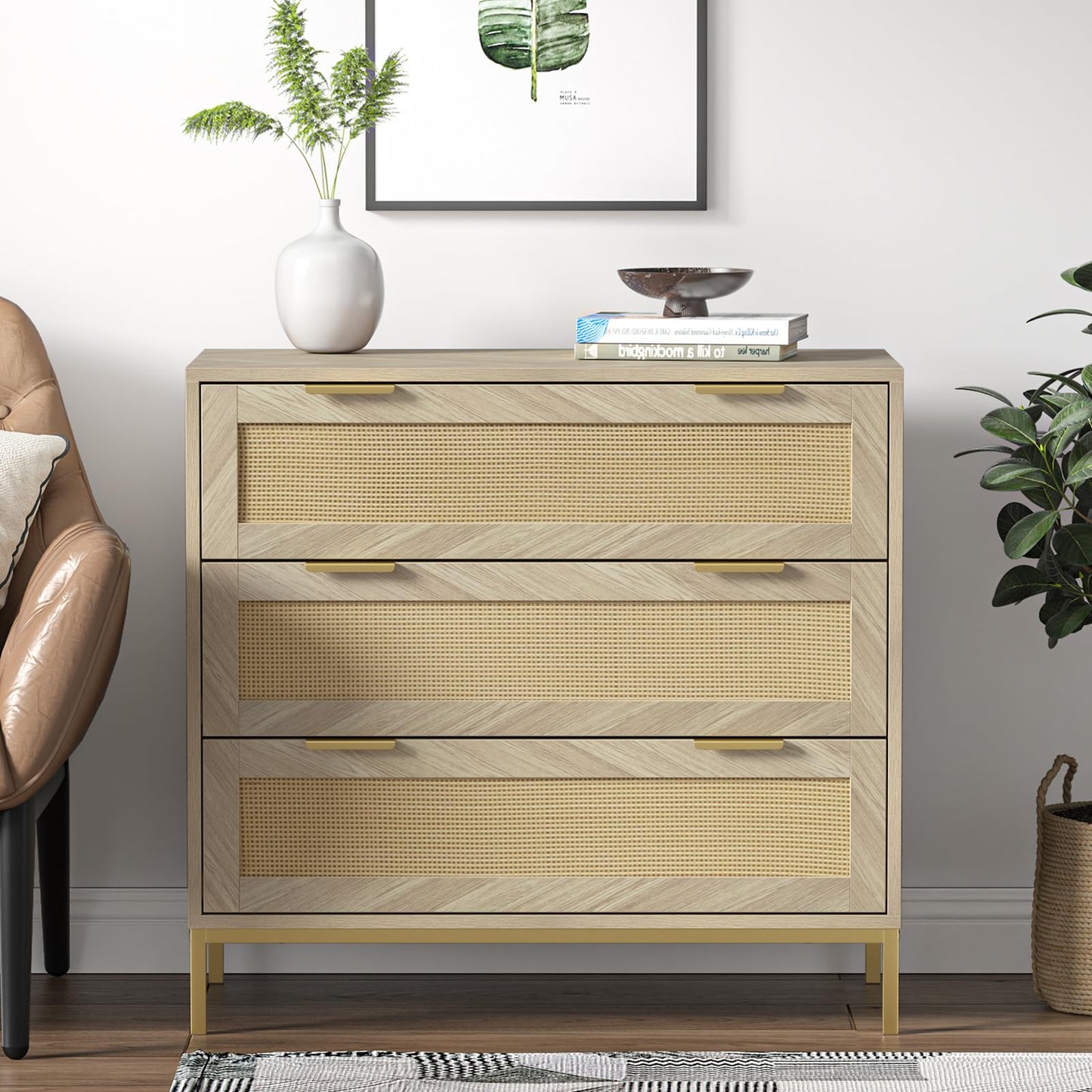 Skokliz Rattan Chest of Drawers with 3 Drawers, Storage Organizer for Bedroom, Wide Dresser Chest of Drawers, Modern Wooden Storage Unit for Hallway