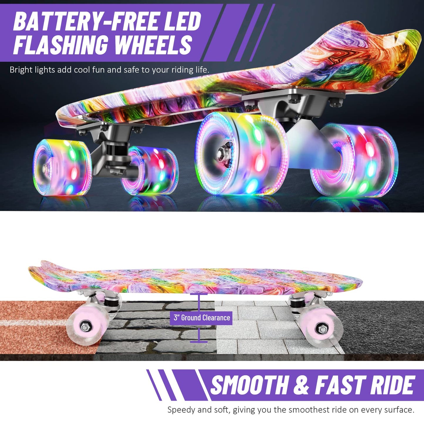 BELEEV 22 inch Skateboards for Kids, Cruiser Skateboard for Girls Boys Teens Adults Beginners, LED Light up Wheels, Mini Skateboards Classic Complete