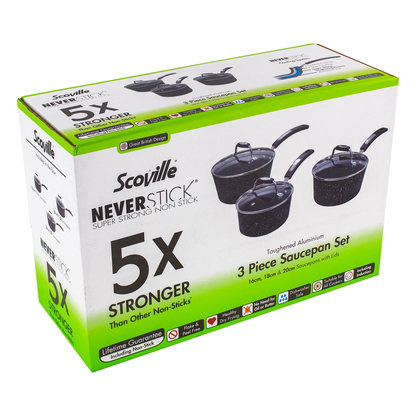 Scoville NEVERSTICK 3pcs Saucepan Set with Lids, Non Stick Saucepan Set, 16/18/20cm Saucepans, Suitable for All Hobs Including Induction, PFOA Free,