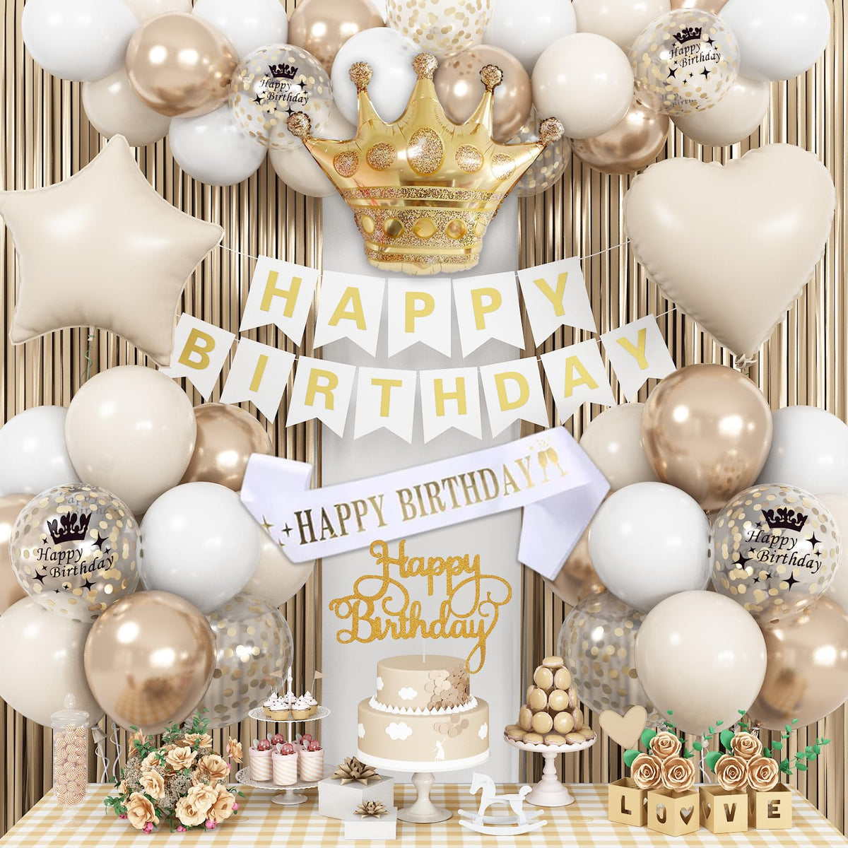 White and Gold Birthday Decorations, Beige Neutral Champagne Cream Nude Foil Balloon Happy Birthday Banner Fringe Curtain Sash Cake Topper for Women
