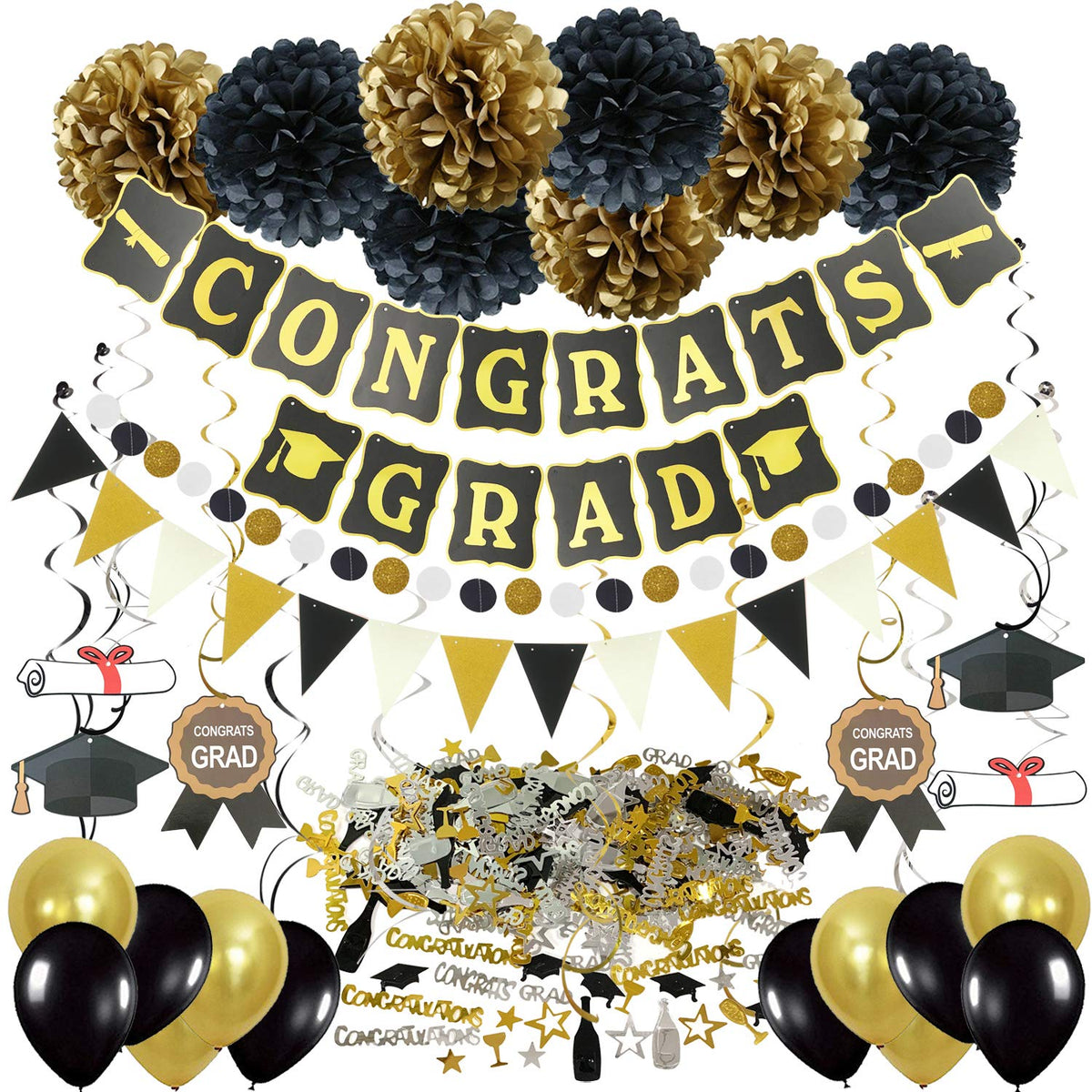 ZERODECO Graduation Decorations, Black and Gold Congrats Grad Banner Paper Pompoms Hanging Swirls Graduation Confetti Paper Garland Party Balloons for
