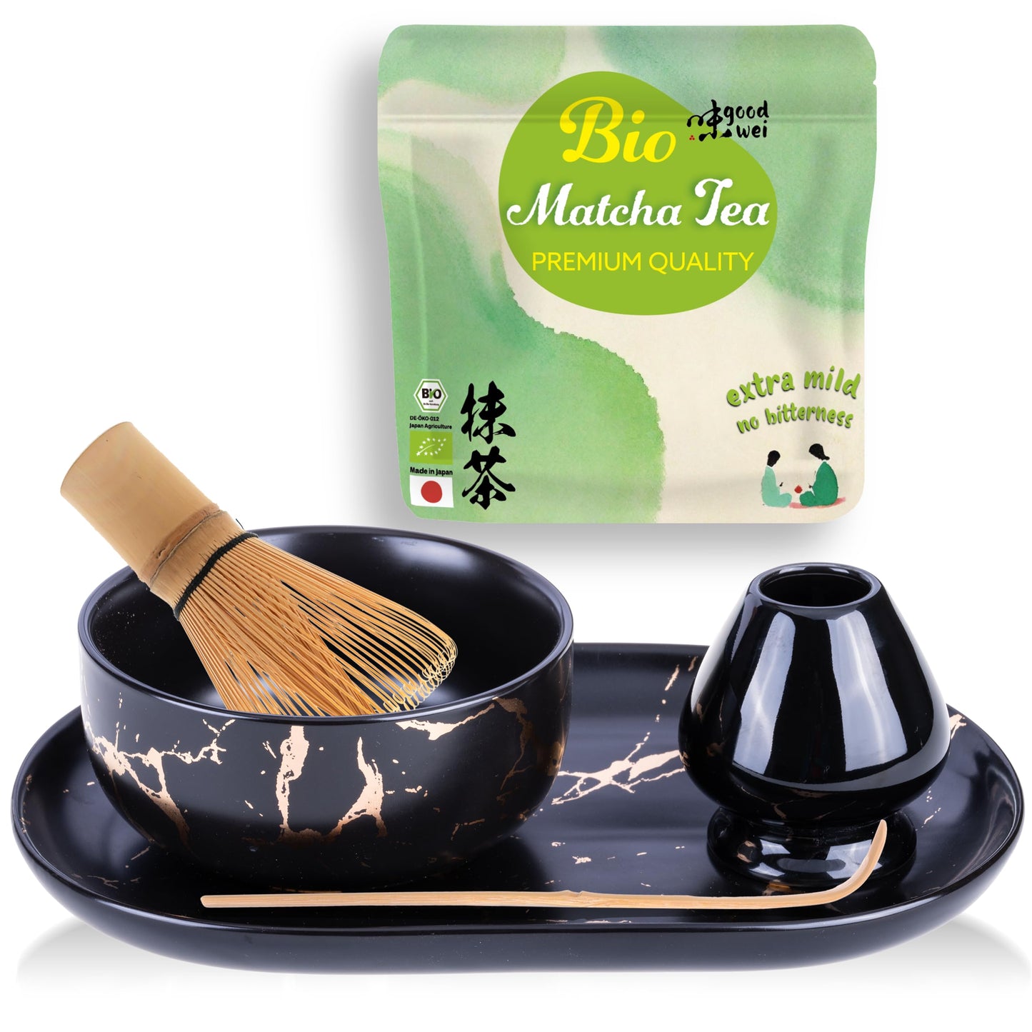 Goodwei Matcha Set with Modern Matcha Bowl in Elegant Marble Design, Matcha Brush, Broom Holder and Serving Tray, Gift Set for Tea Ceremony Including