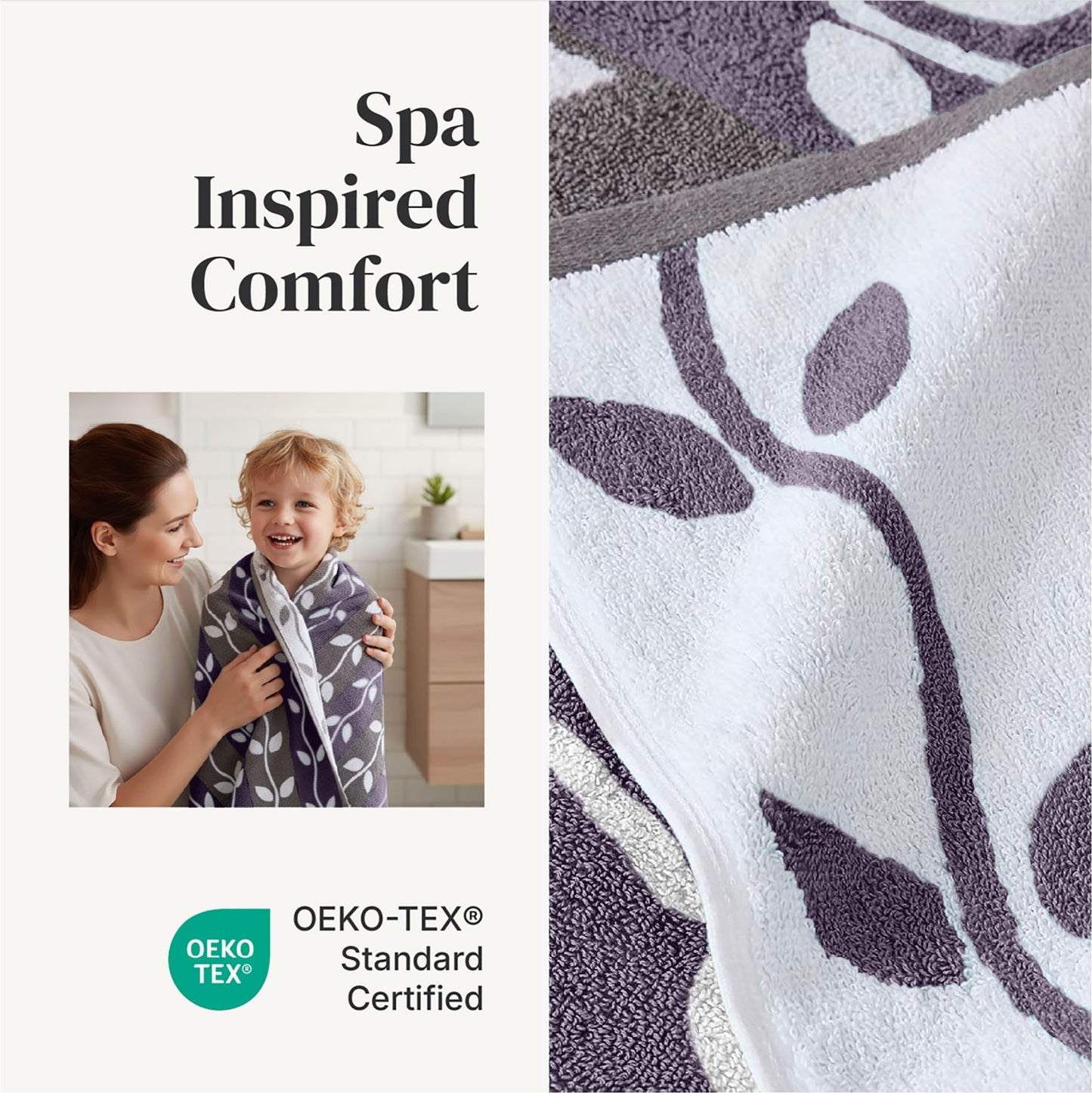 Amrapur 6 pc Yarn Dyed towel Organic Vines Grey Lavender, Cotton, Single