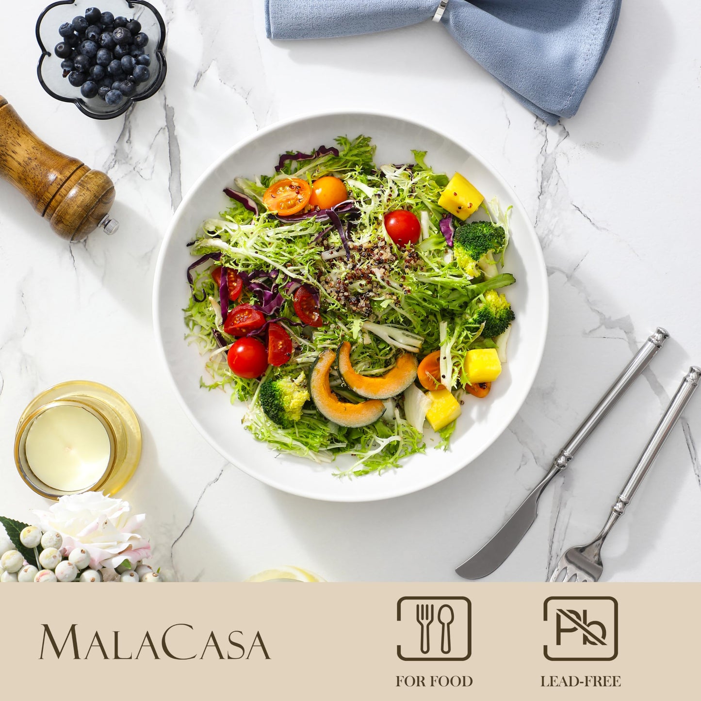 MALACASA 10 Inch Large Pasta Bowls Set of 4, 1680 ML Salad Bowls, Ceramic Bowl Sets, Wide and Shallow Bowls Set, Microwave and Dishwasher Safe, Series