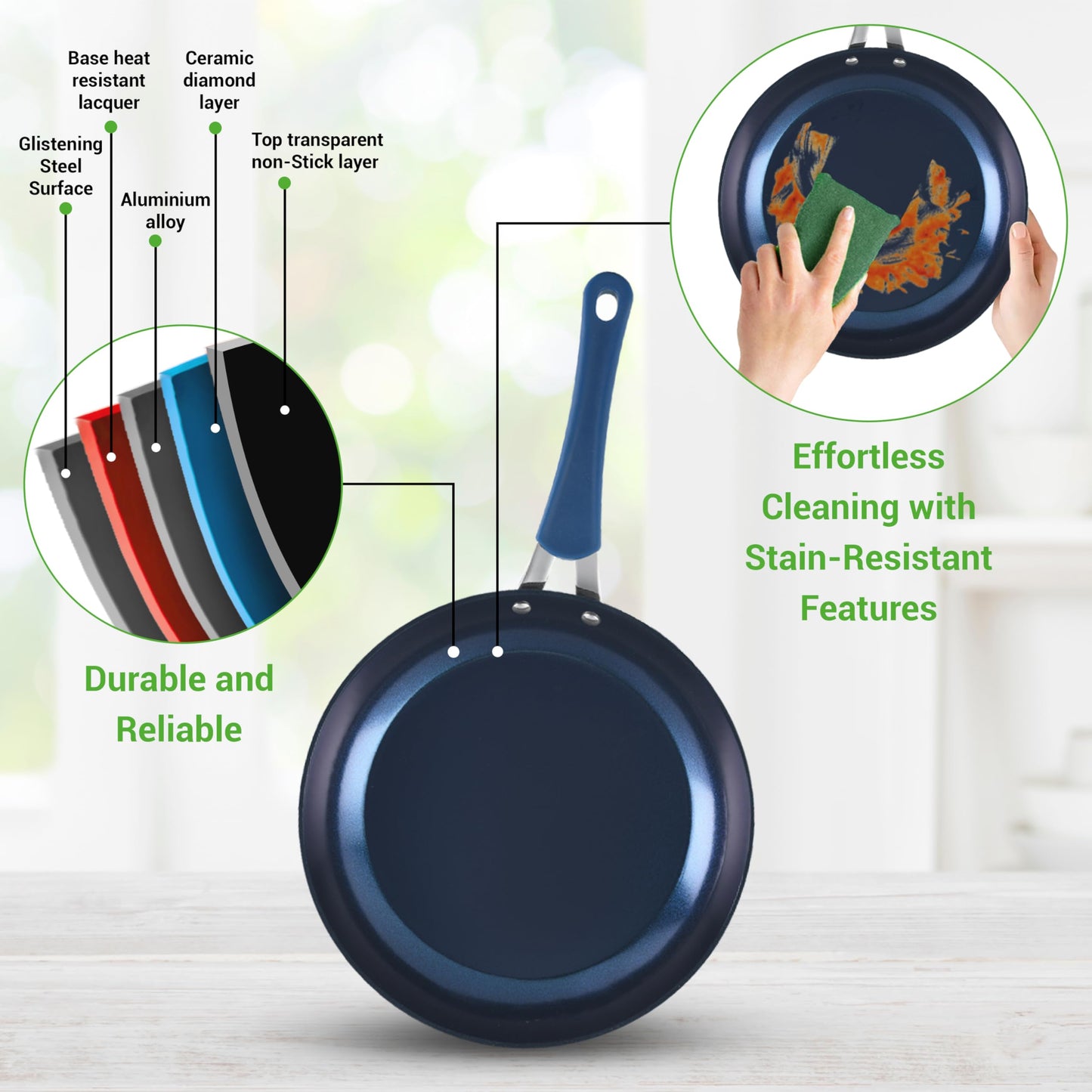Nutrichef NCCW11DS Pots and Pans Set Cookware, Reinforced Forged Aluminum Metal, Engineered Nylon Silicone, Tempered Glass, Blue Diamond