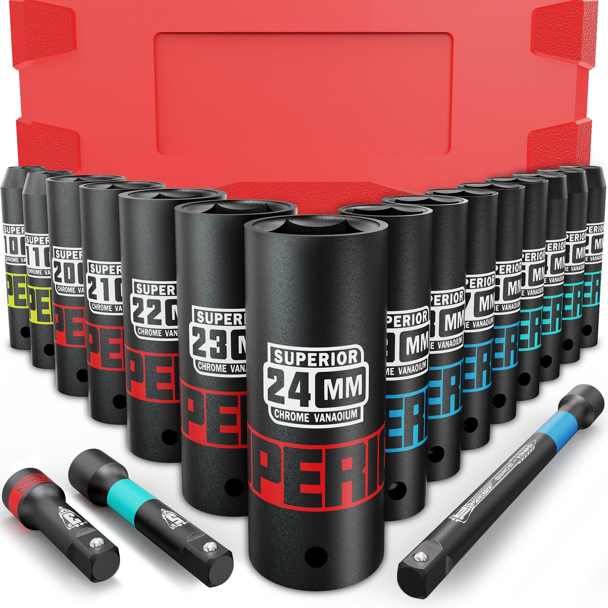 KIRXST 1/2 Inch Drive Impact Socket Set?18 Piece Deep Sockets 10-24 mm?Metric Socket Set with 3" 5" 10" Extension Bar for Automotive Trucks Tractors