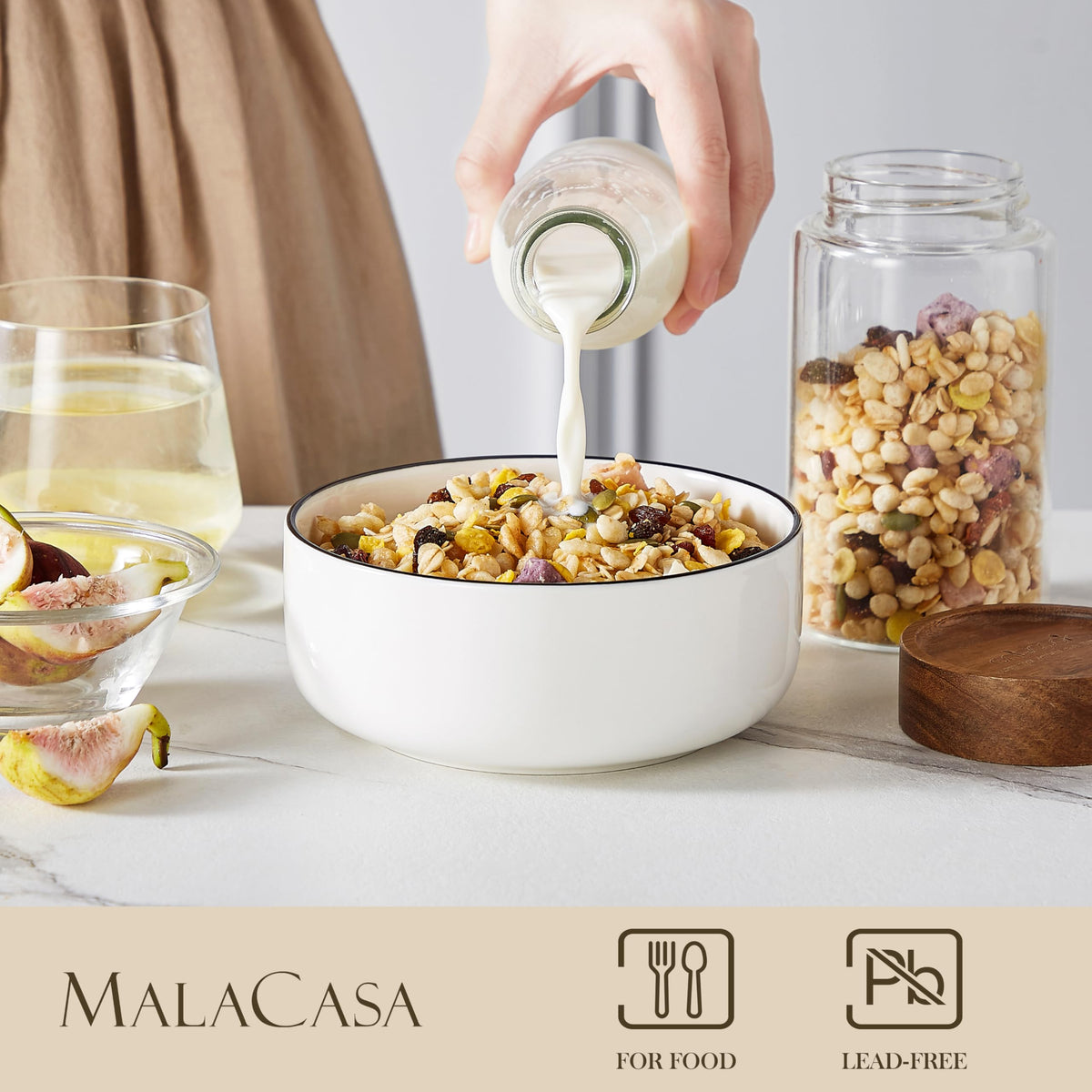 MALACASA 24 oz Cereal Bowls Set of 6 with Black Rim, Chip Resistant Premium Porcelain Salad Bowl, Ivory White Soup Bowls for Noodles, Dessert, Series