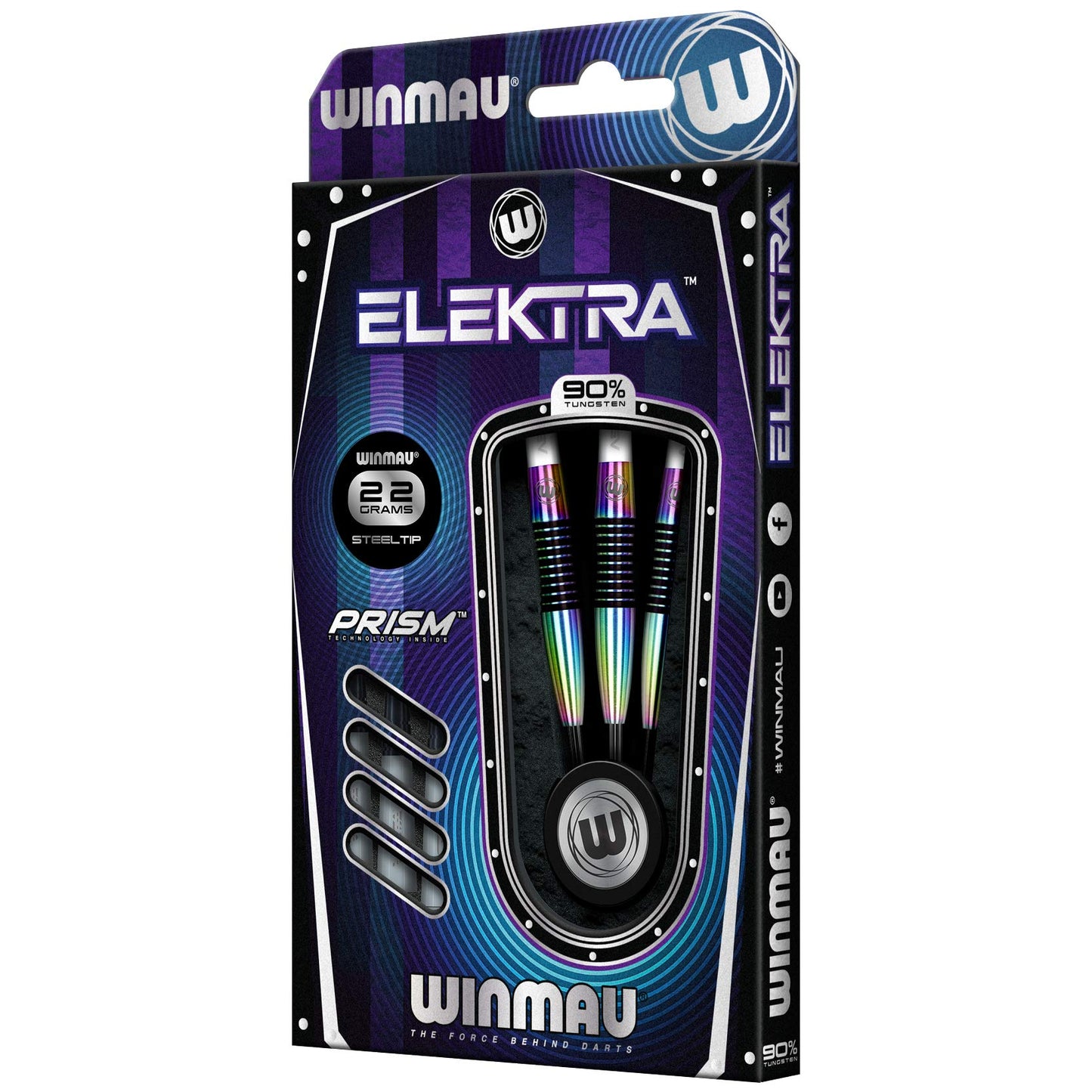 WINMAU Elektra 90% Tungsten Steel Tip Darts with Prism Flights and Vecta Shafts (Stems) 22 gram - Urban Grip - Match Weighed - Streamline Torpedo