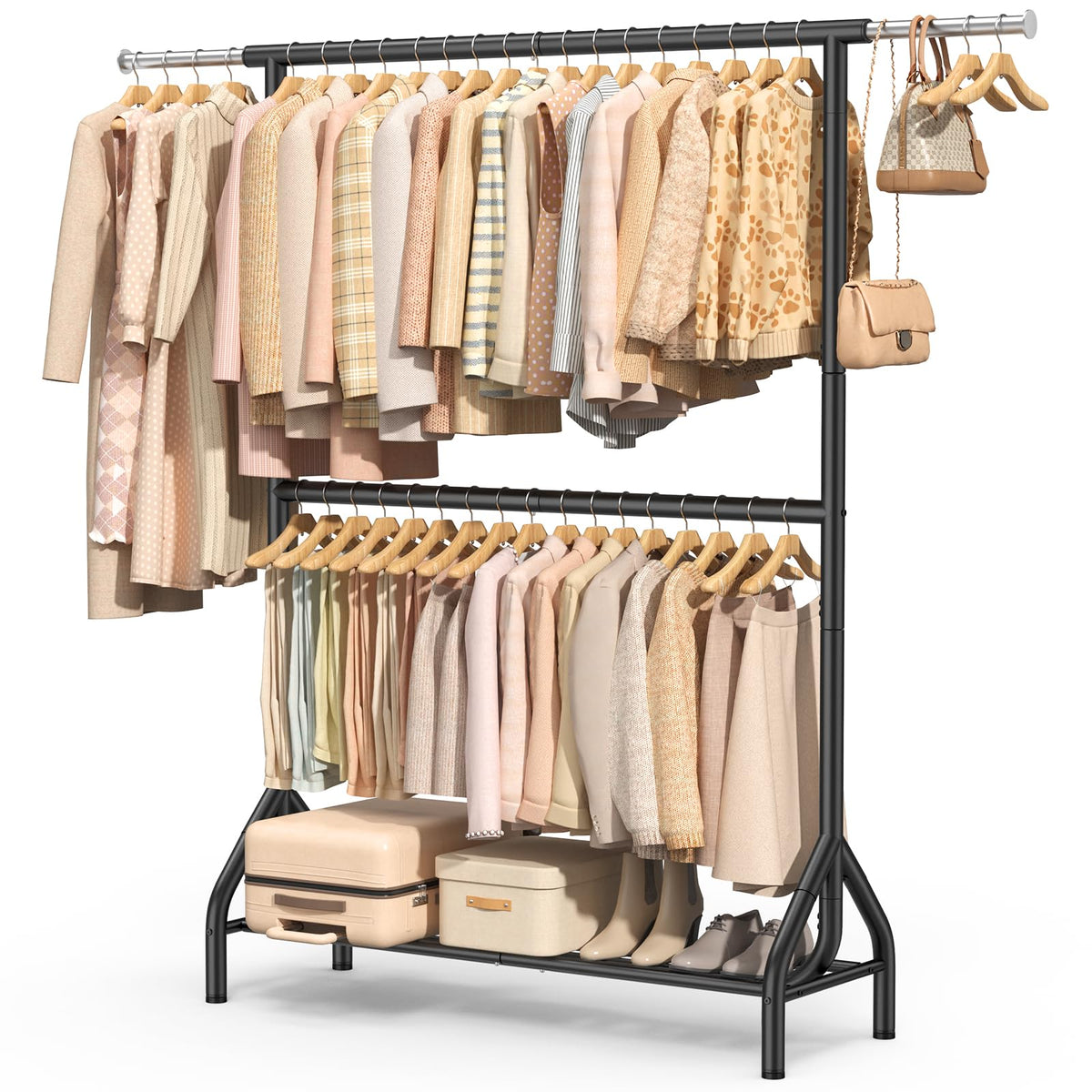 EAGMAK Double Clothes Rail Heavy Duty Load 280 KG, with Shelves, Black