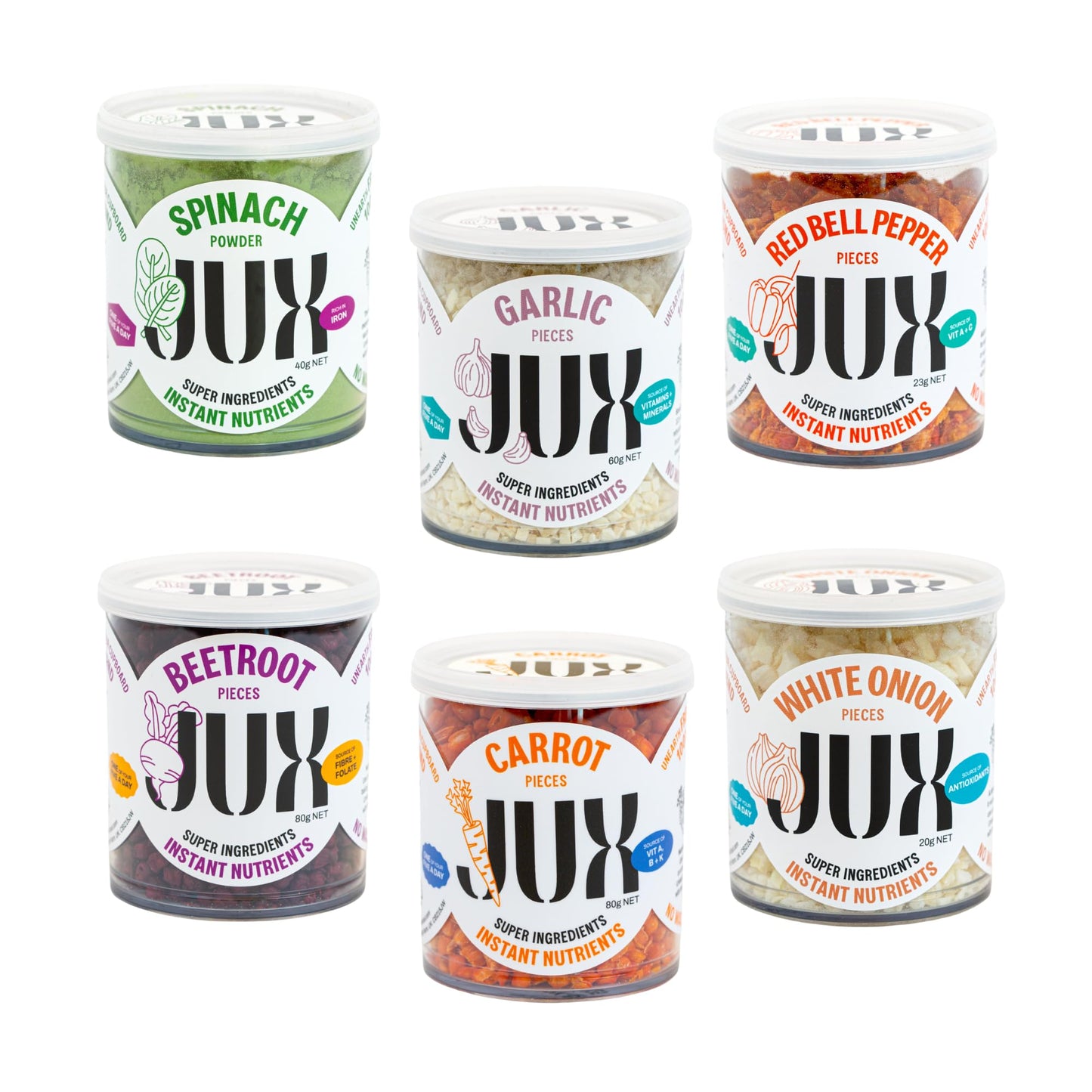 JUX Freeze-Dried Vegetable Bundle | 100% Natural & Nutrient-Rich | Includes Red Bell Pepper, Spinach, Carrot, Beetroot, Garlic and White onion | Vegan