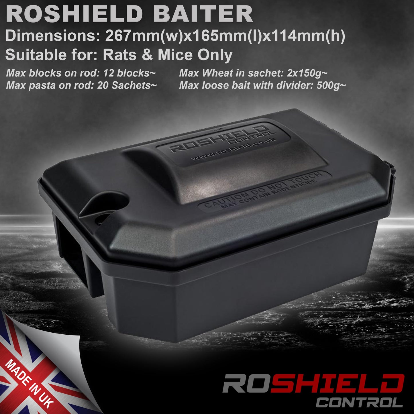 ROSHIELD External Tamper Proof Rodent Boxes & Wax Bait Rat Killer Poison Block Kit (4 Boxes & 300 gr Blocks)