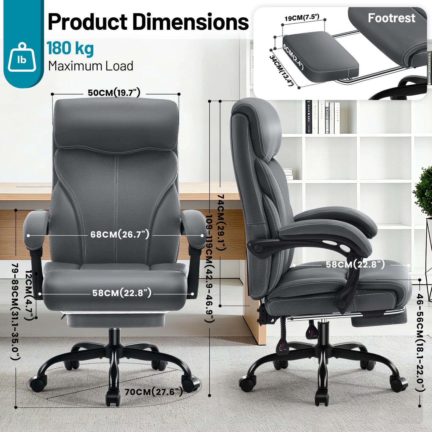 Coscendo Executive Office Chair with Footrest & Armrests, 180kg, Grey