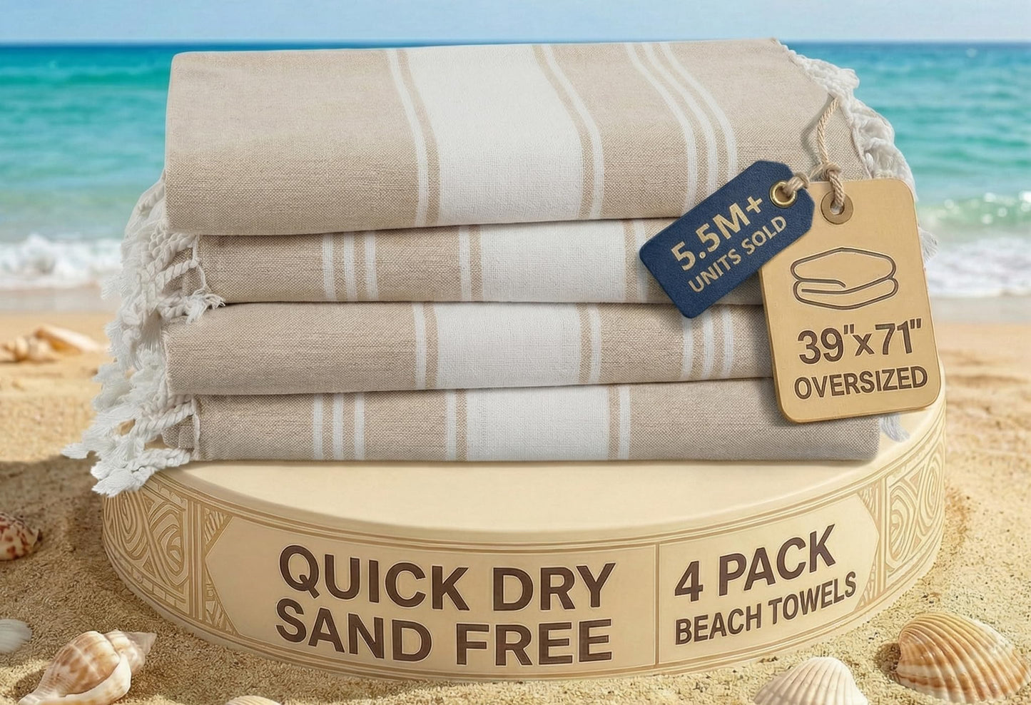 LANE LINEN Oversized Beach Towels – 4 Pack, 39"x71" Cotton Rich & Quick Dry Travel Towels for Adults, Lightweight & Pre-Washed for Soft Feel, Beige