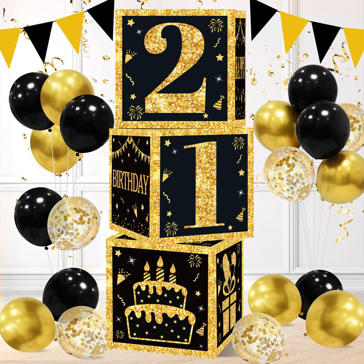 QIFU 21st Birthday Box Decorations for Him - 3pcs 21st Birthday Boxes Black and Gold, 21 Birthdays Party Decoration Black Gold Table Centrepiece