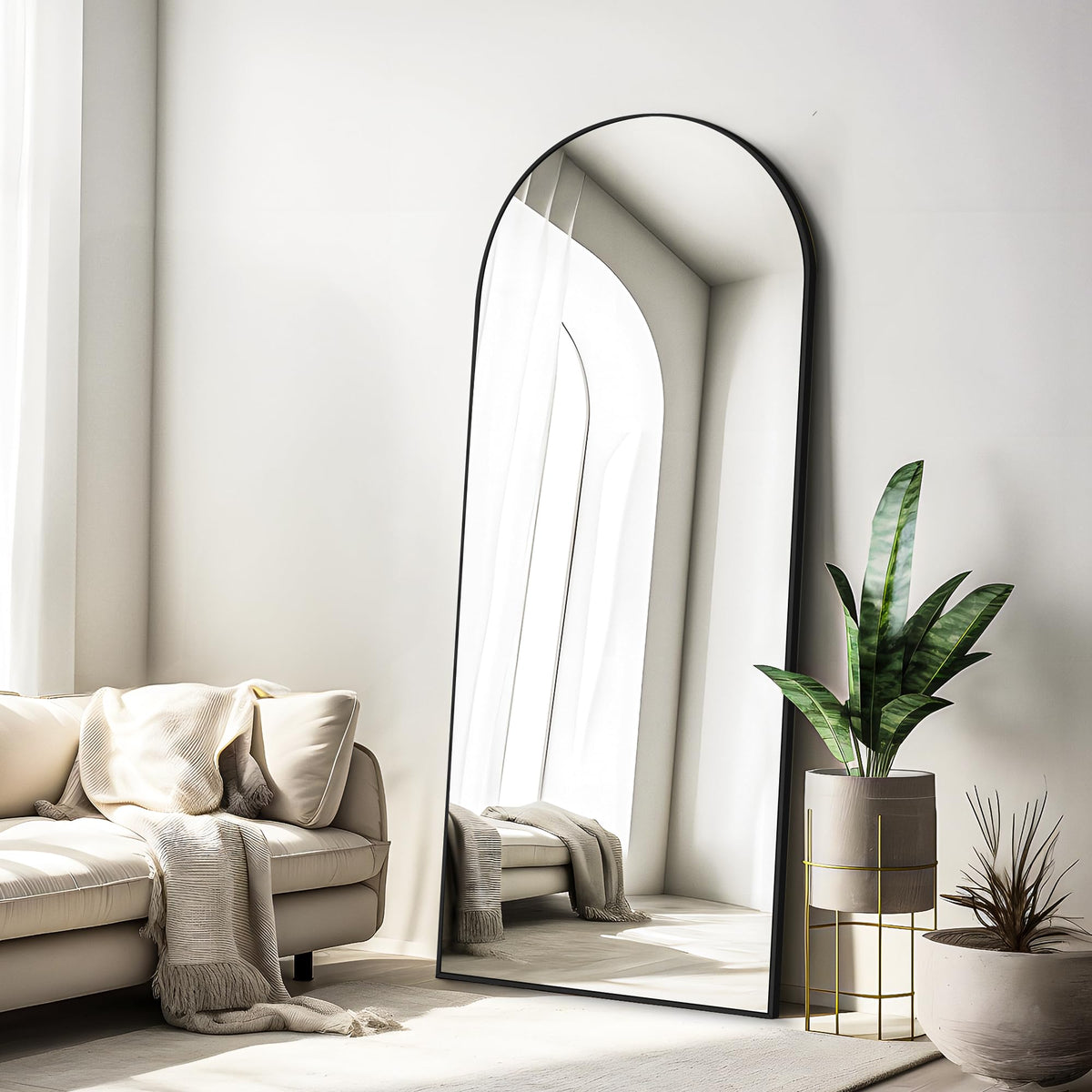 COFENY Arch Full Length Mirror, 165 x 60 cm Black Full Body Mirror with Aluminum Frame, Large Wall Mirror Standing Leaning or Hanging, Floor Mirror