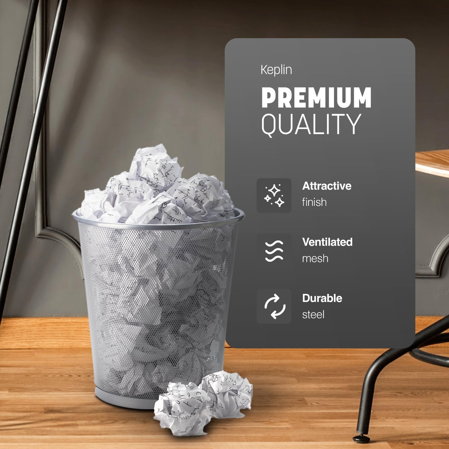 KEPLIN Round Trash Can - 1 Pack Silver Non-slip Mesh Bin, Stylish & Sturdy Metal Can for Home, Bedroom, Office, Bathroom, Living Room & Kitchen
