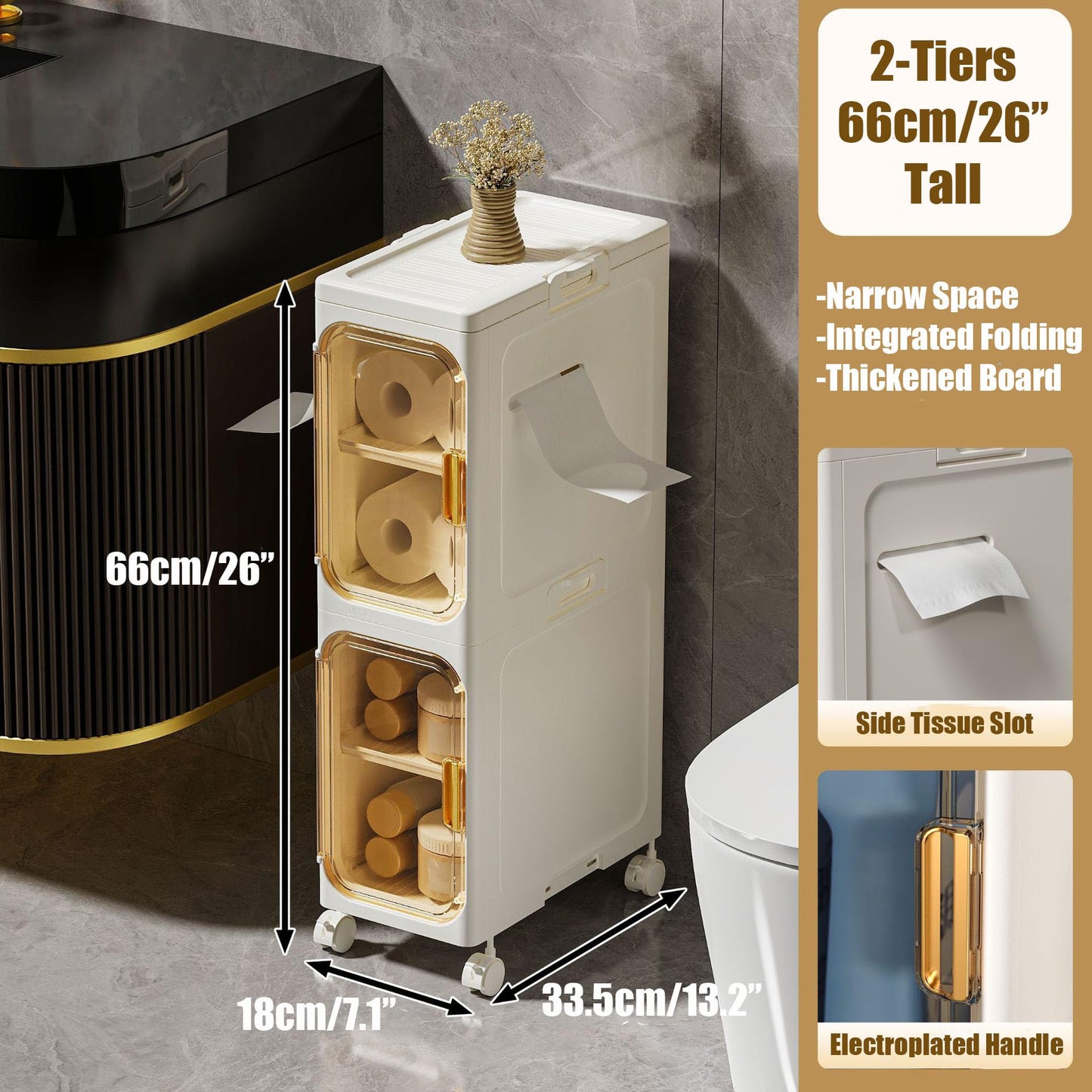 LSLANSOON Slim Bathroom Storage Cabinet, Narrow Foldable and Mobile Organizer for Small Spaces, Bathroom, Kitchen, Laundry Room, Living Room (2 Layer)