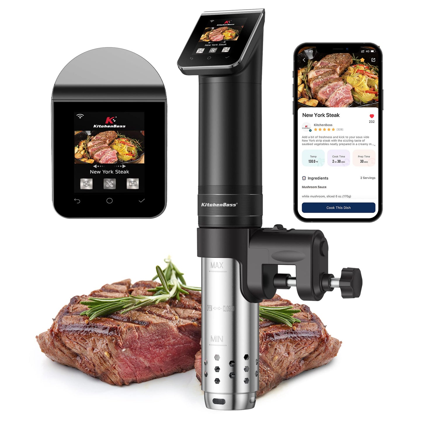 KitchenBoss Sous Vide Machine WIFI Precision Cooker: 1100 Watts App Temperature Control 40?C-90?C, IPX7 Immersion Circulator, TFT Touch Water Bath,
