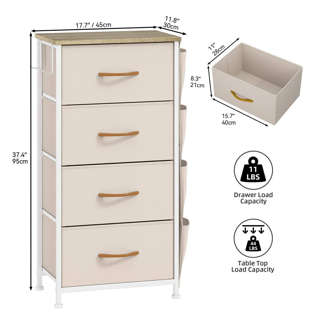 DWVO Narrow Chest of Drawers with 4 Drawers, Fabric Chest Drawers with Side Pocket&Hooks,Easy Pull Handle,Sturdy Steel Frame for Bedroom,Living