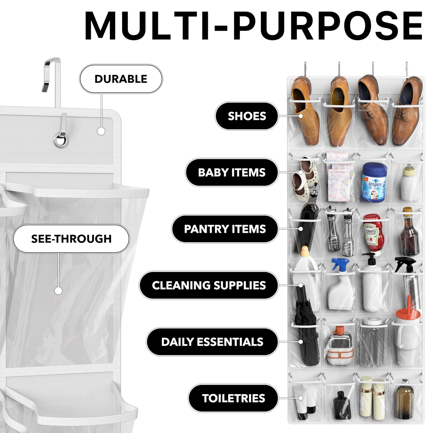 Simple Houseware 24 Pockets Large Clear Pockets Over The Door Hanging Shoe Organizer, White (56" x 22.5")