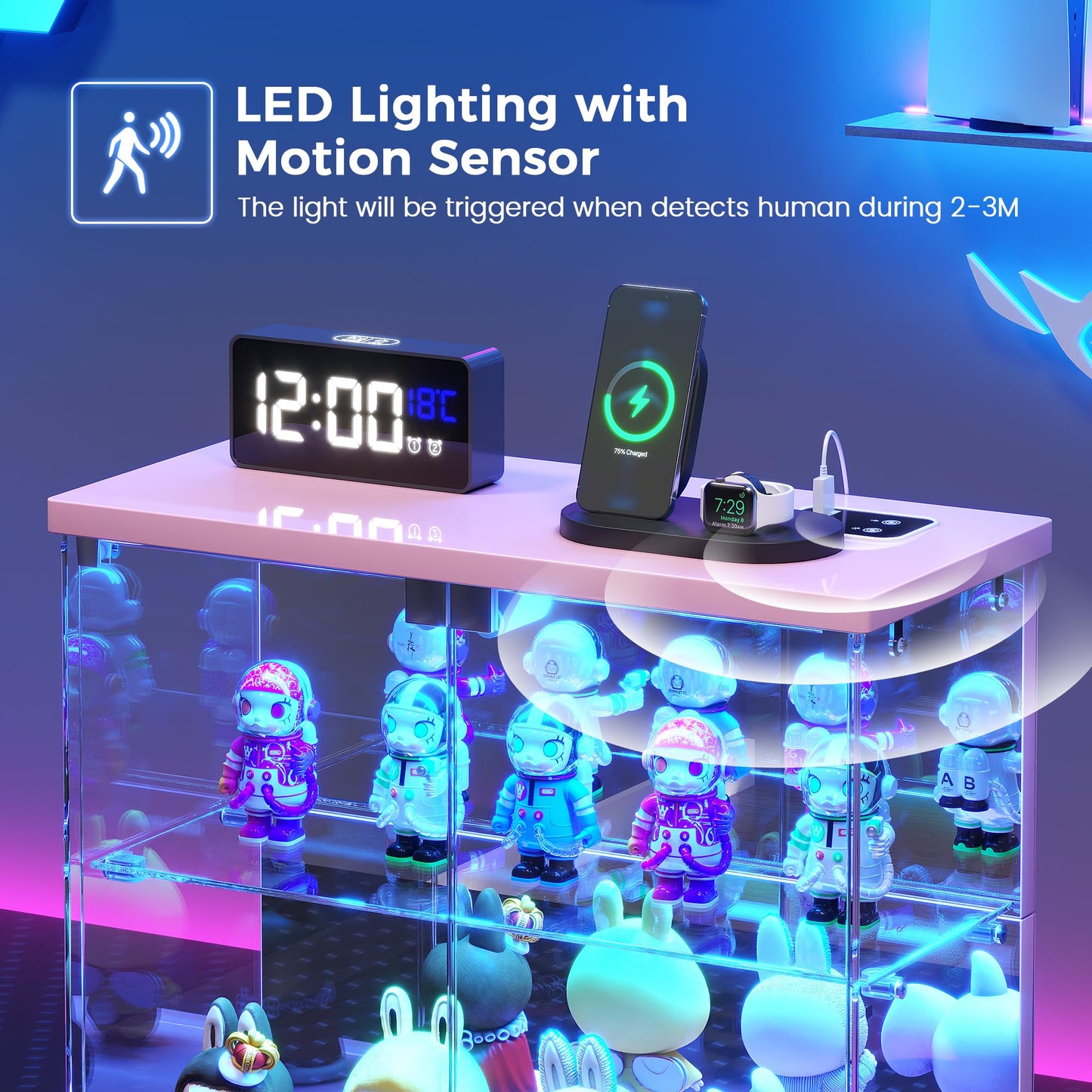 FREDEES Glass Display Cabinet Case with LED Lights, Pink