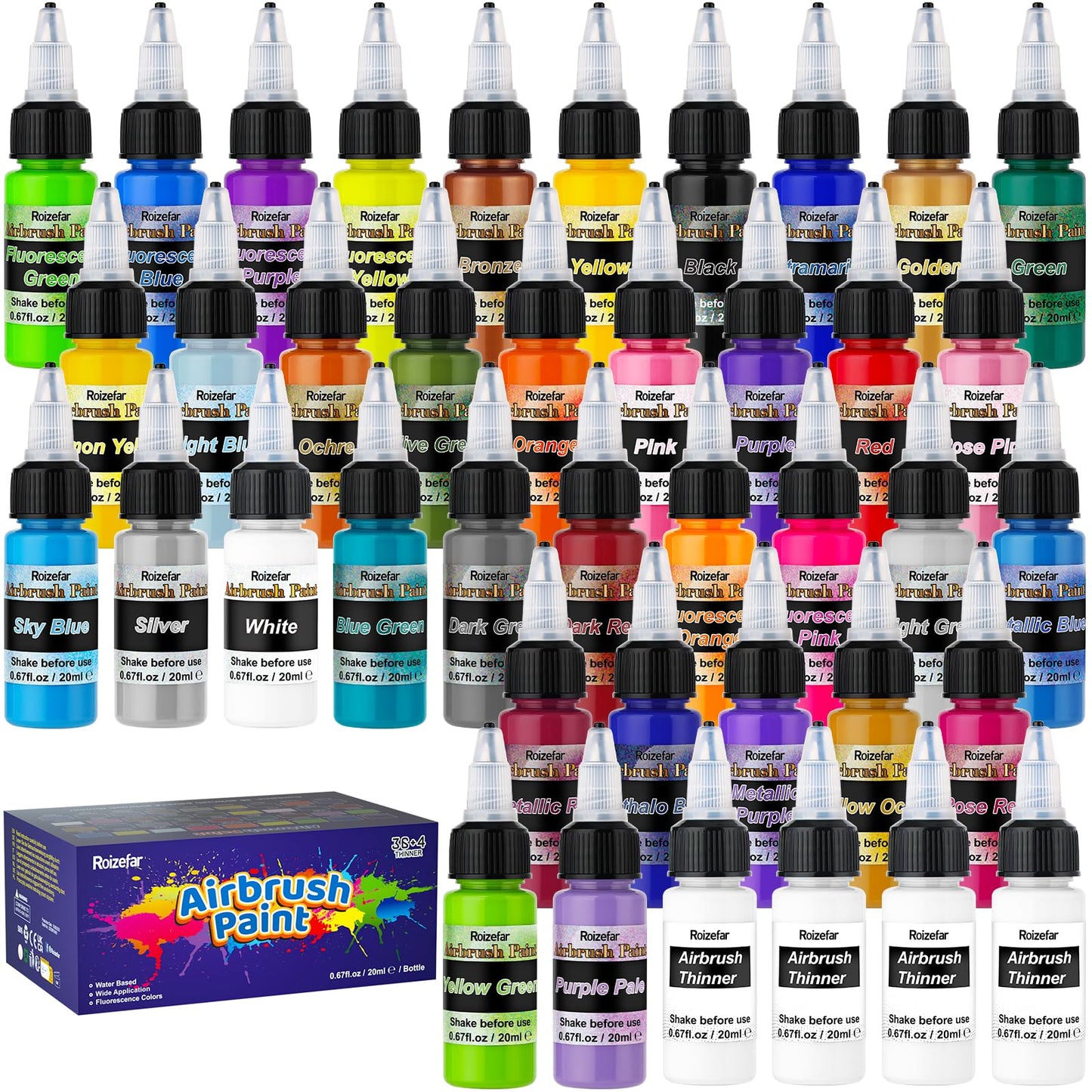 Roizefar Airbrush Paint, 36 Colors Air Brush Paint Set with 4 Thinners, Water-Based Airbrush Painting Kit for Artists, Beginners, DIY Projects, Opaque