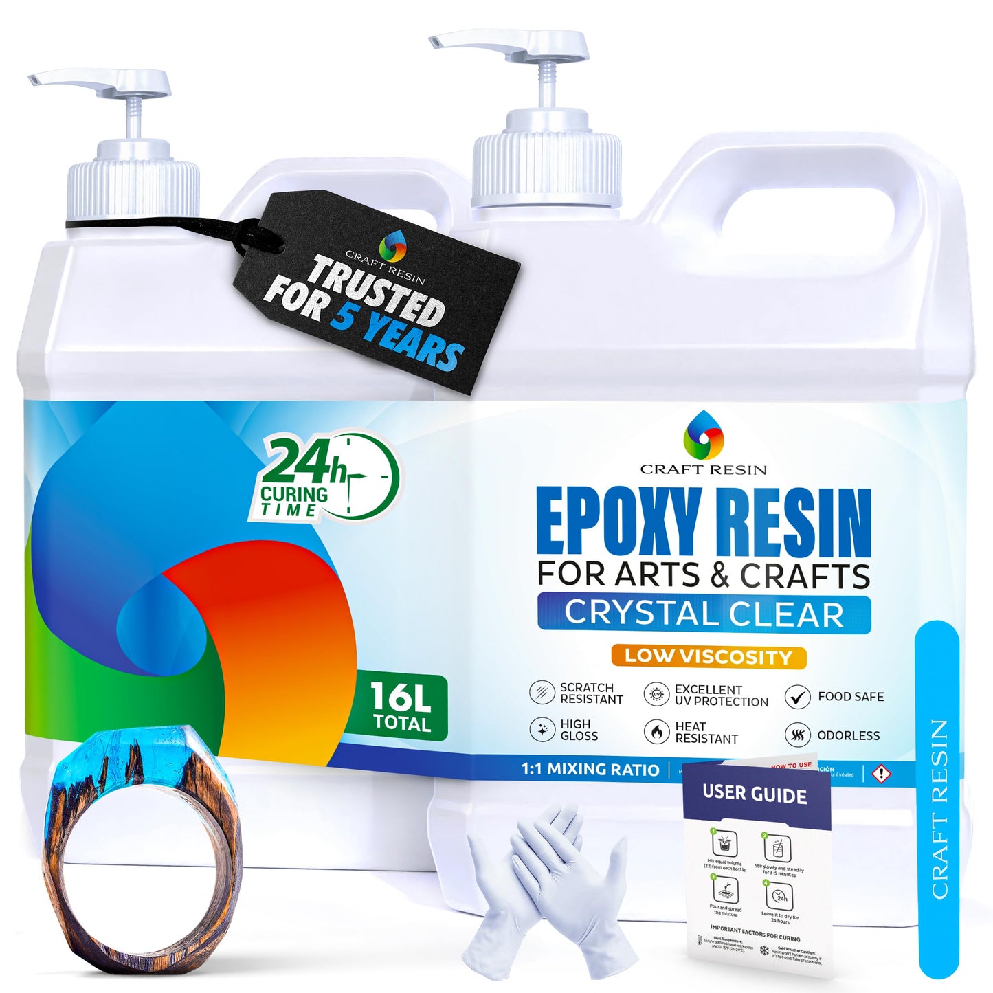 CRAFT RESIN 16L Epoxy Resin Kit - Crystal Clear Epoxy Resin Kit & Hardener for DIY Art, Mold Casting, Wood, Jewelry Making, Coasters, Table Top,