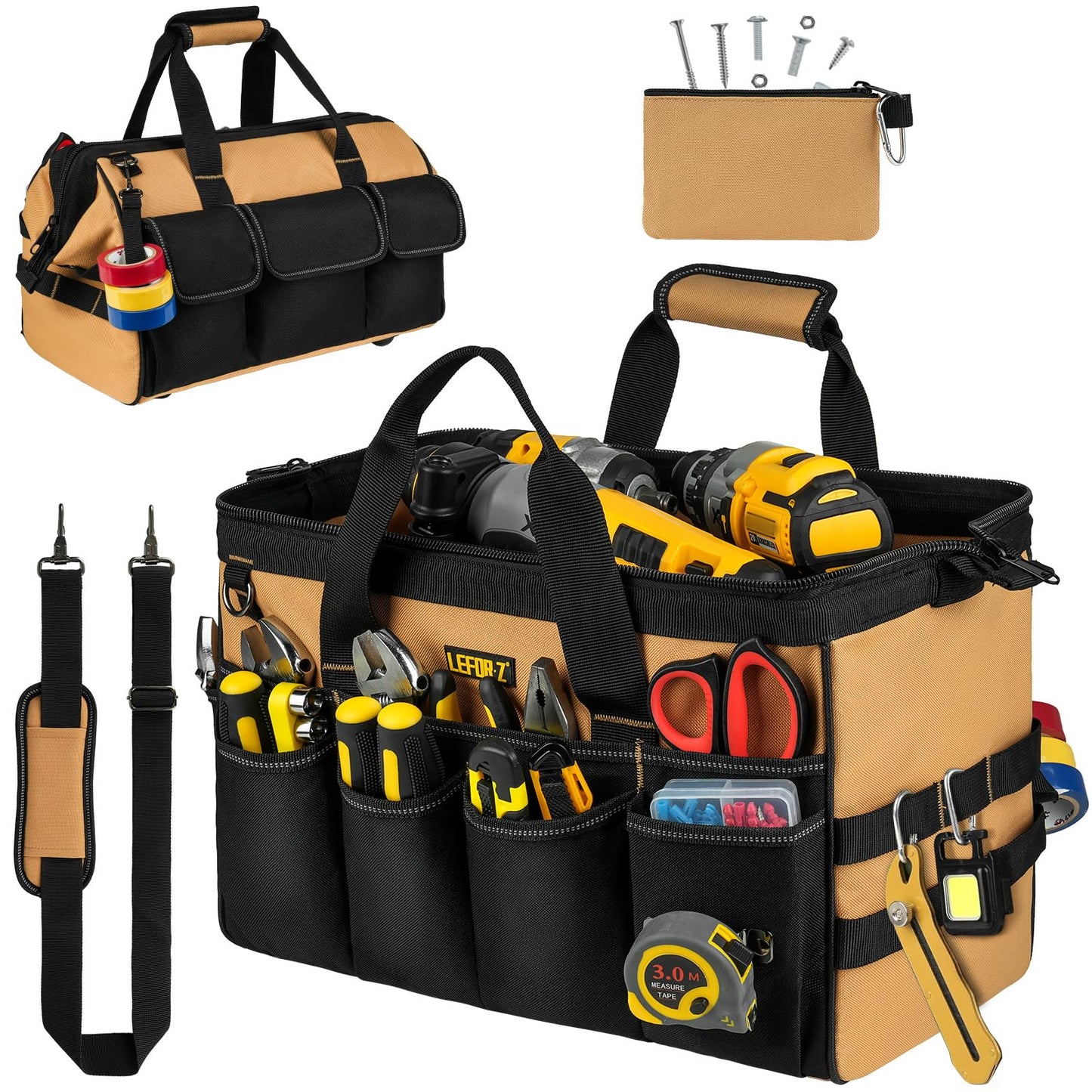 Tool Bag,16-Inch Tool Bags Heavy Duty for Men,Large Wide Mouth Toolbag with Shoulder Strap,27 Pockets Tools Storage Box,Tote Carrying Case for