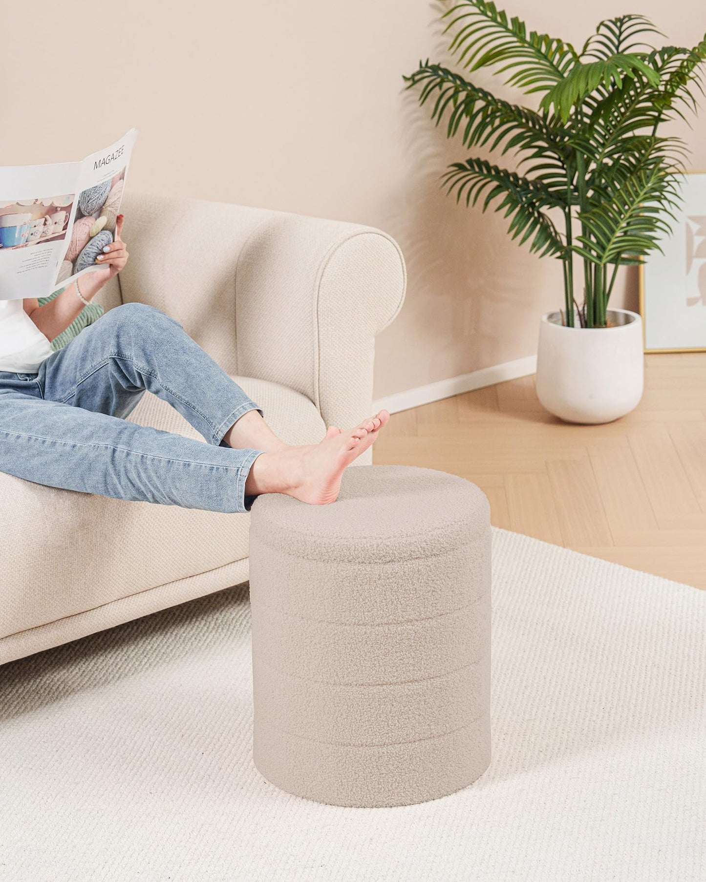 Bonlife Boucle Ottoman Storage, Foot Rest Stool Seat, Folding Footstool for Living Room, Sherpa Ottoman for Bedroom, Beige, 37x37x45 cm