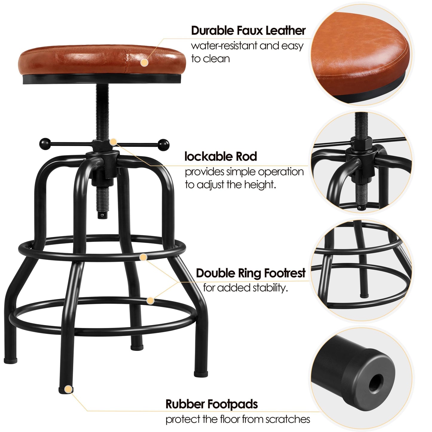 Yaheetech Rustic Round Adjustable Industrial Bar Stools, 1PCS Light Brown