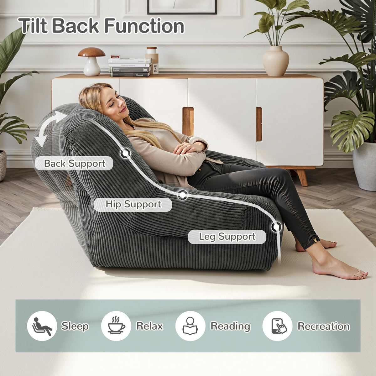 Pamapic Bean Bag, Single Bean Bag Chair with Filling Included, Beanbag Adult with Portable Handle, Comfy Sofa with Tilt Back Function