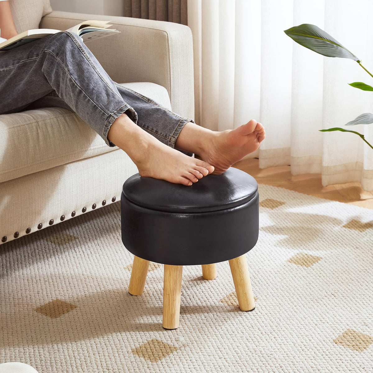 IBUYKE 13 Inch Small Footstool Ottoman with Storage, Round Pouffe Foot Rest with Padded Seat and Wood Legs