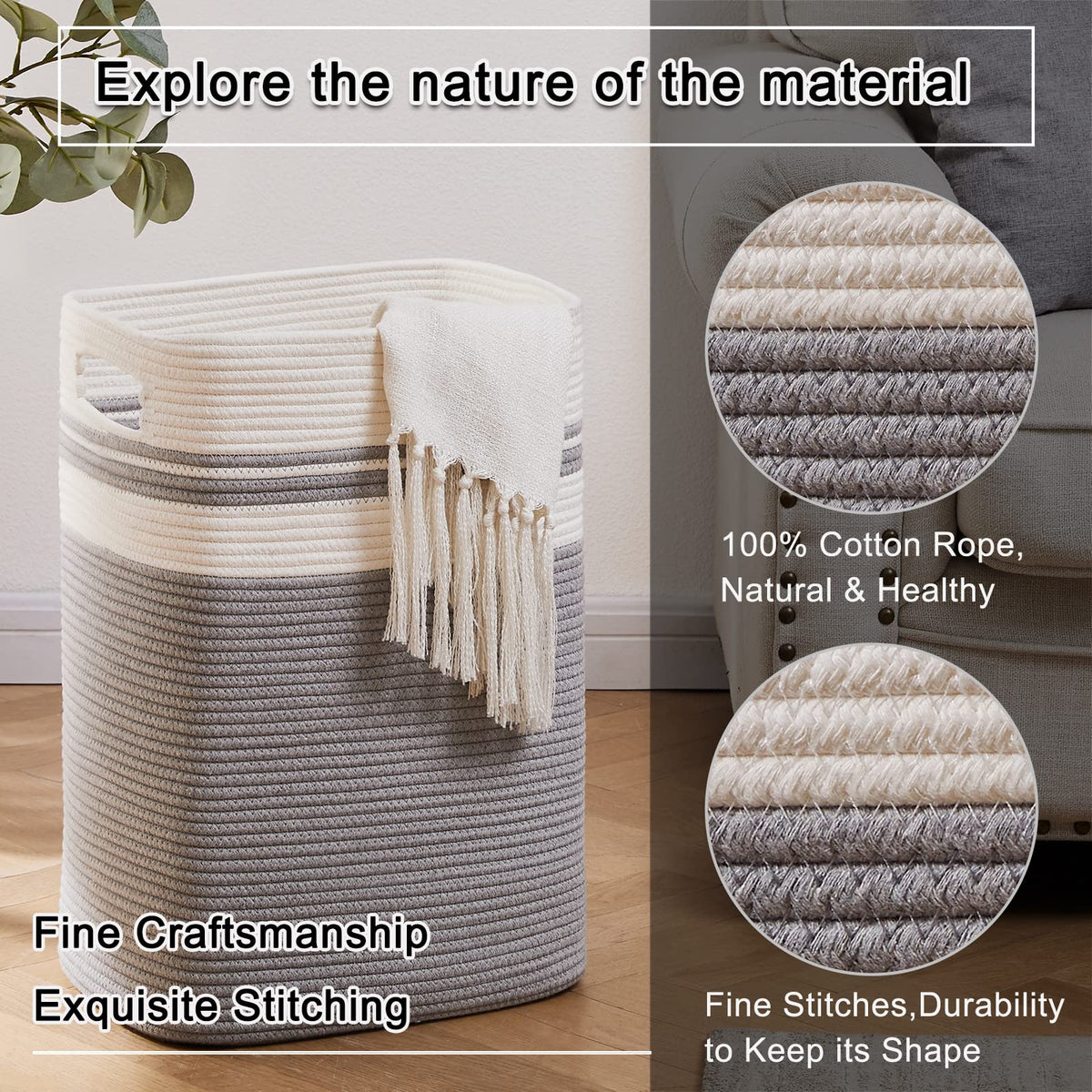 OIAHOMY Laundry Hamper - Tall Cotton Storage Basket With Handles, Decorative for Living Room, Collapsible Large for Toys, Pillows, Clothes -
