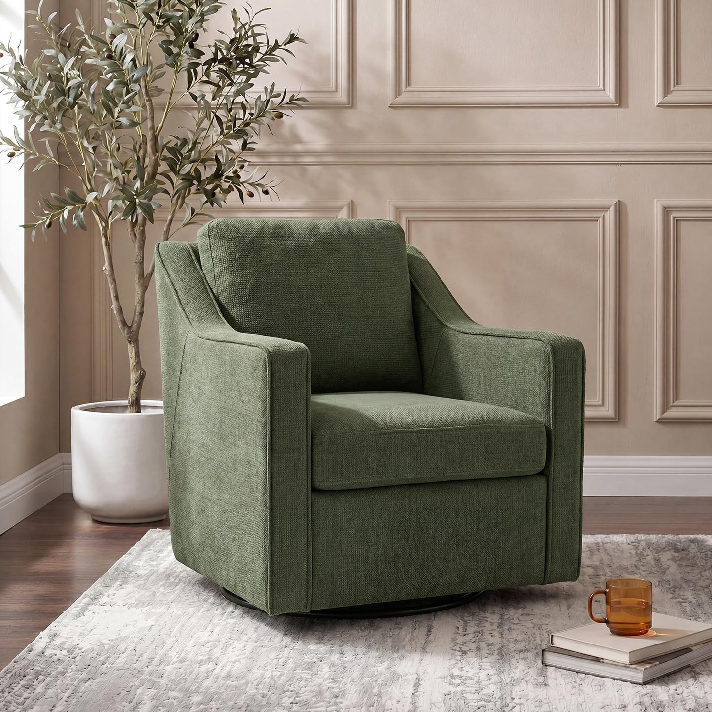 Swivel Armchair for Living Room, 360° Rotating Living Room Chair, Linen Fabric Accent Chair with Removable Seat Cushion & Pillow