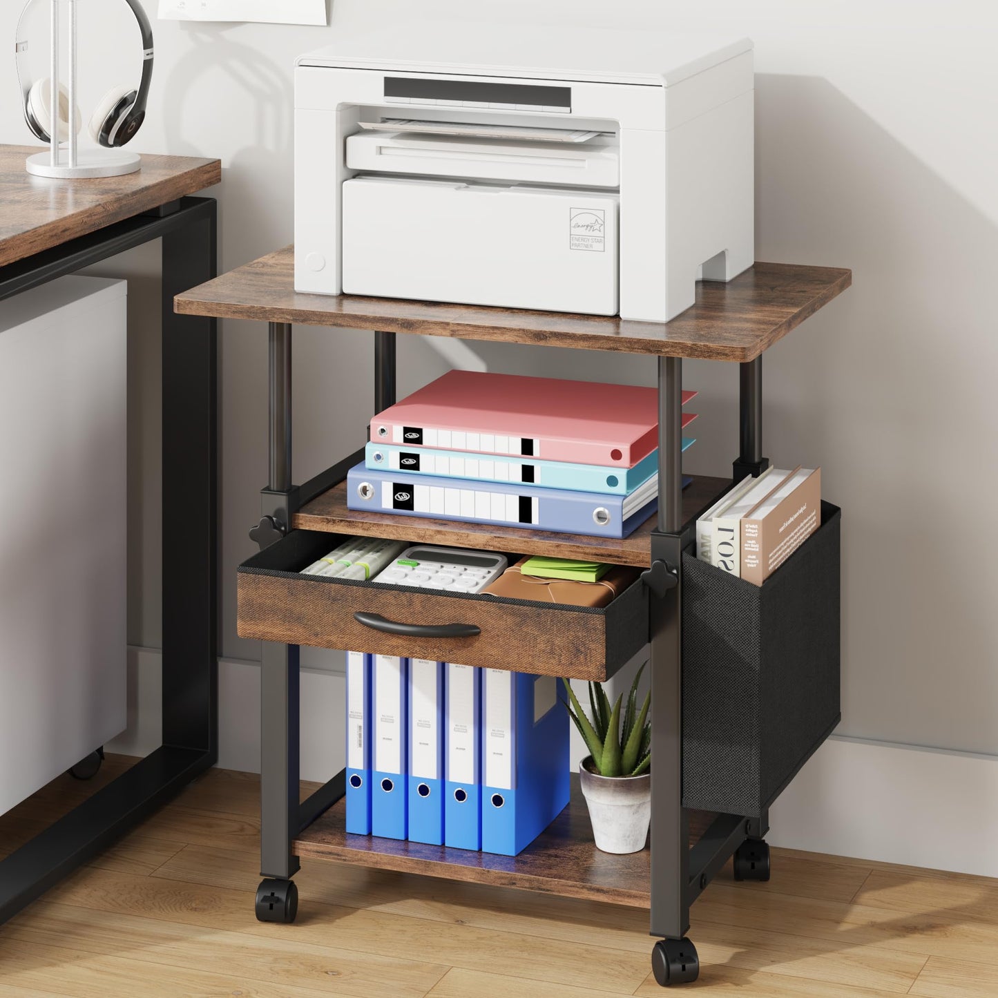 OYRREU 3 Tier Printer Stand on Wheels, Height Adjustable Mobile Table Wood