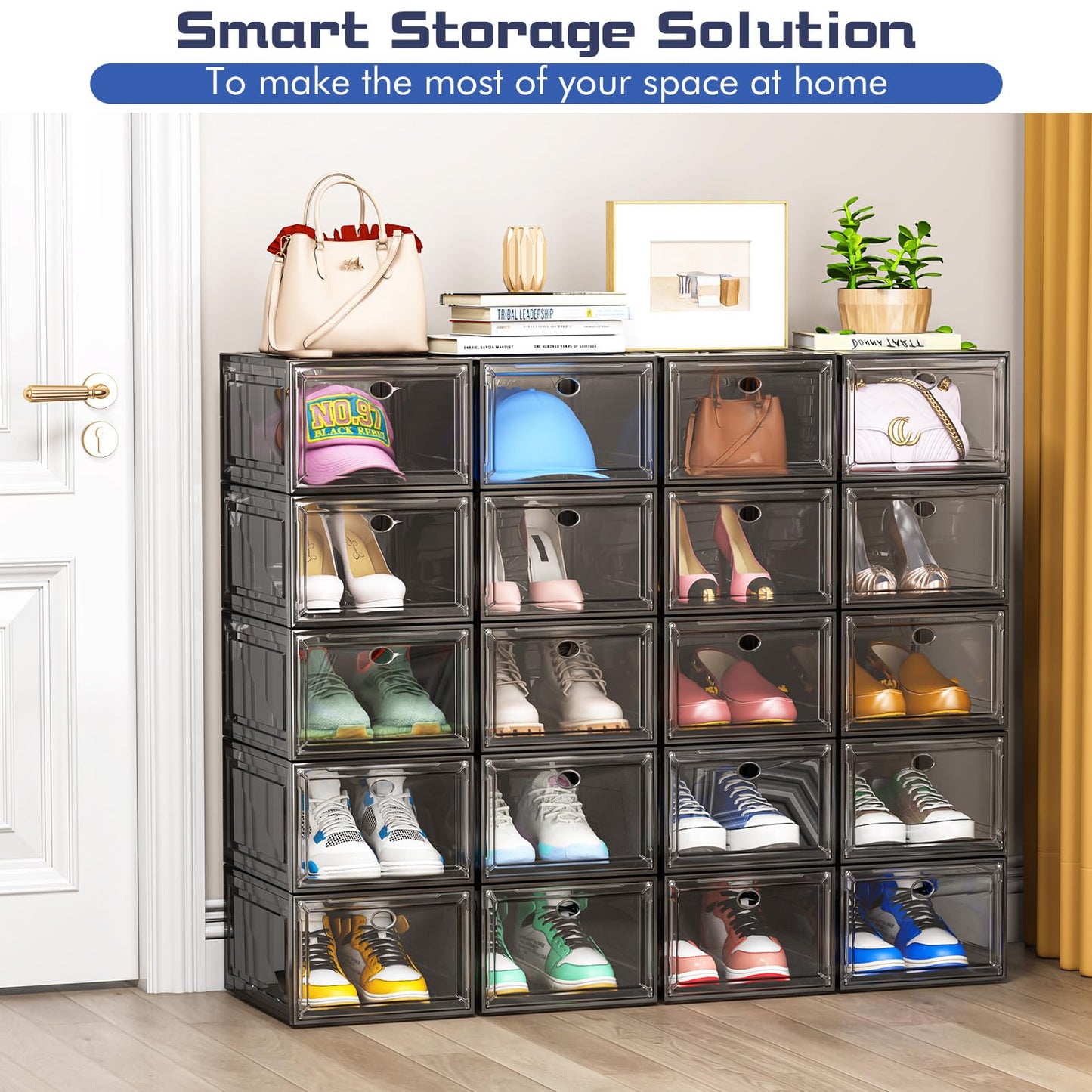 TidyTrove Shoe Storage Box, 9 Pcs Shoe Box Clear Plastic Stackable, Sturdy Foldable Shoe Organizer Containers with Magnetic Door for Women/Men, Black
