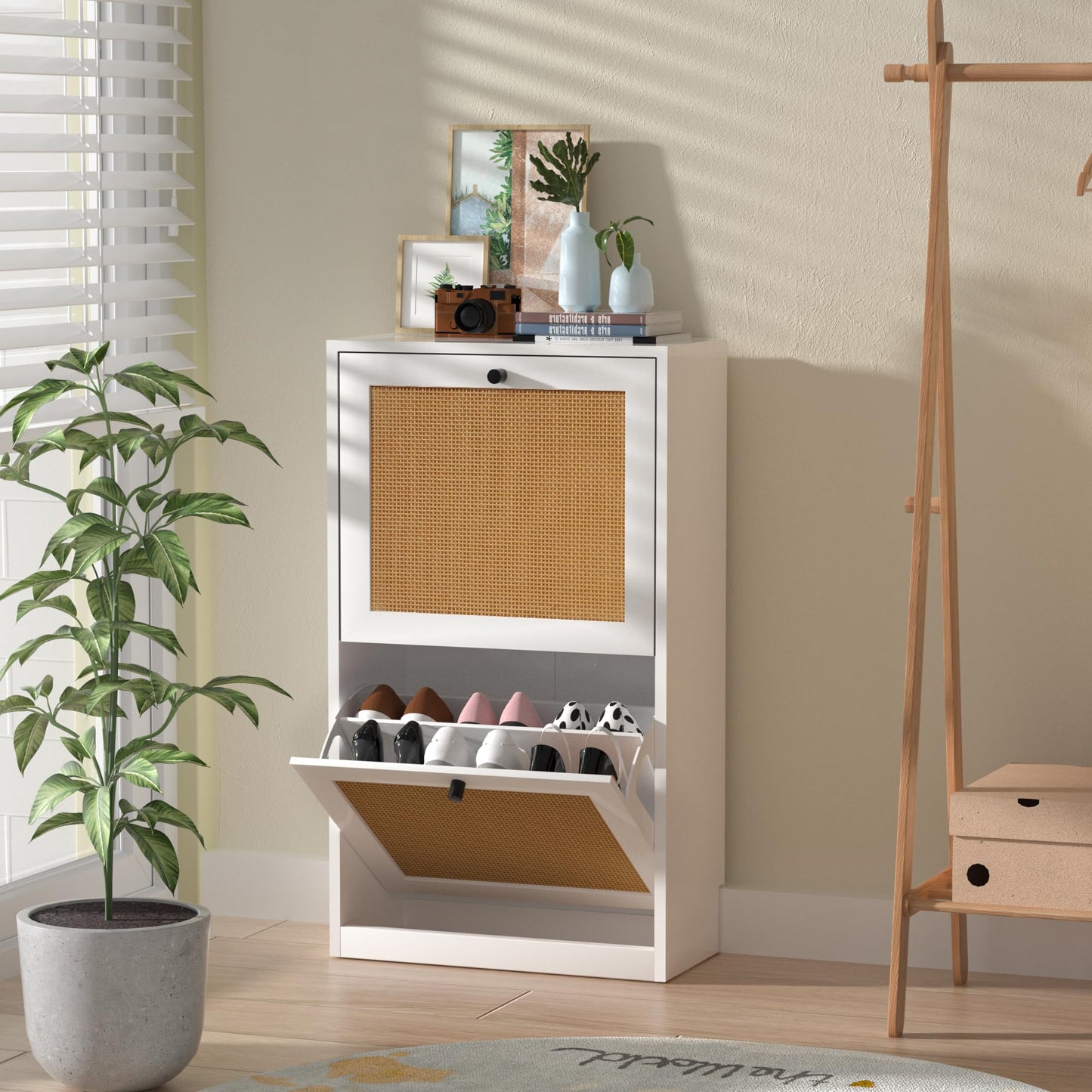 Yvsevnr Narrow Shoe Storage Cabinet Rattan Shoe Cupboards for Hallways