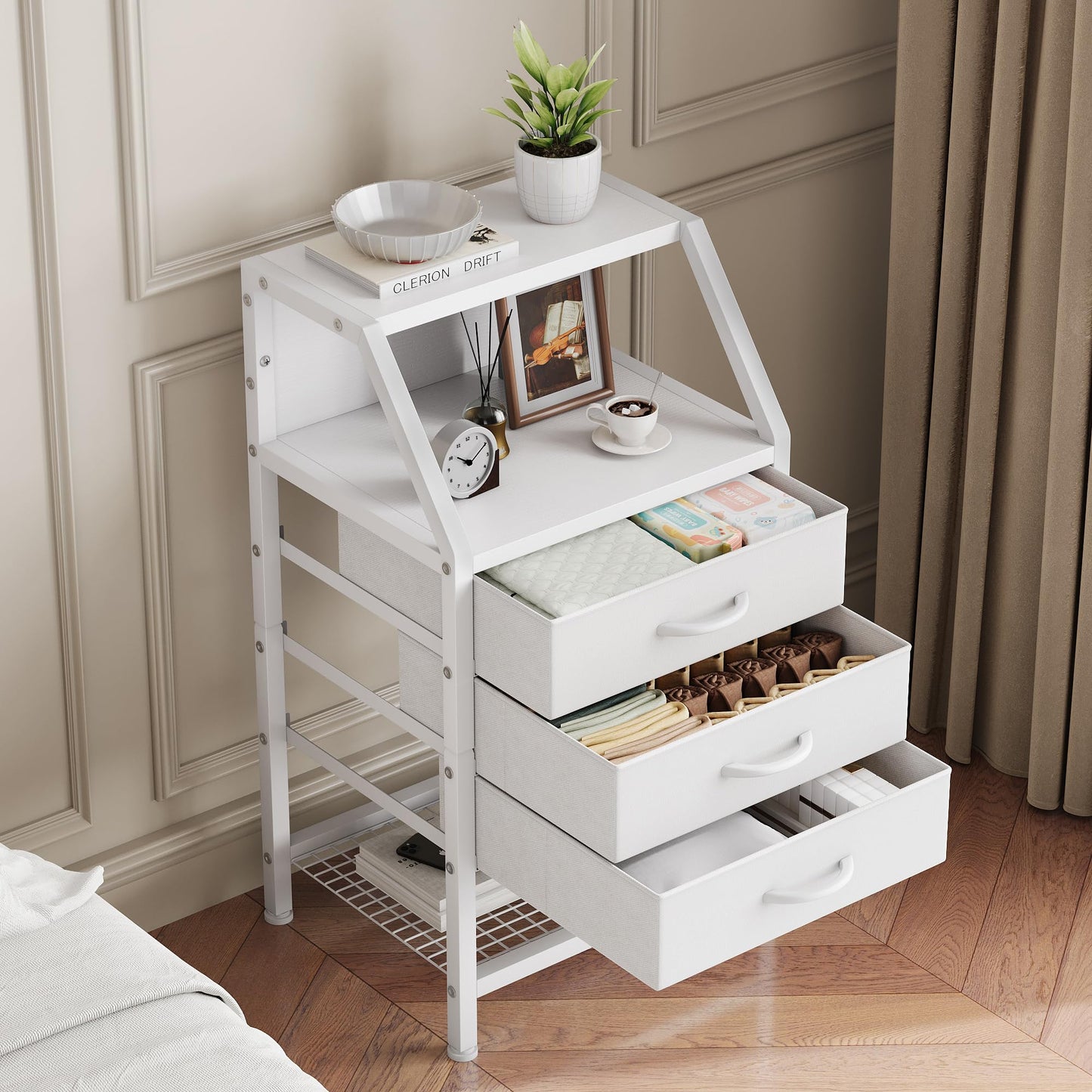 Feonase Bedside Table Wide with 3 Fabric Drawers & Open Shelf Suitable For Bedroom Bed Side Tables, Sofa Side Tables