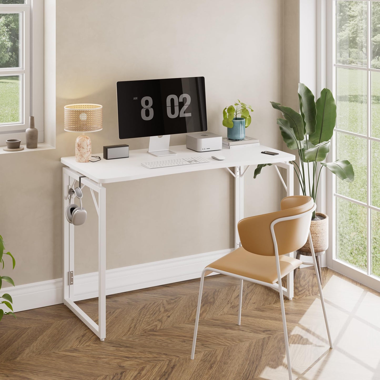 JOYMOOP White Folding Desk - 80 x 40 cm, No Assembly Small Foldable Desk for Home, Office, Wooden Top Folding Computer Desk for Working, Writing