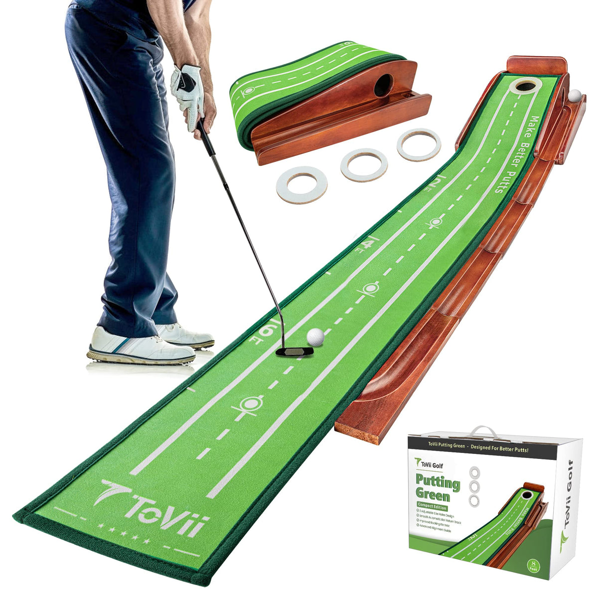 ToVii Putting Green - Indoor/Outdoor Golf Practice Mat with Auto Ball Return, 3 Holes