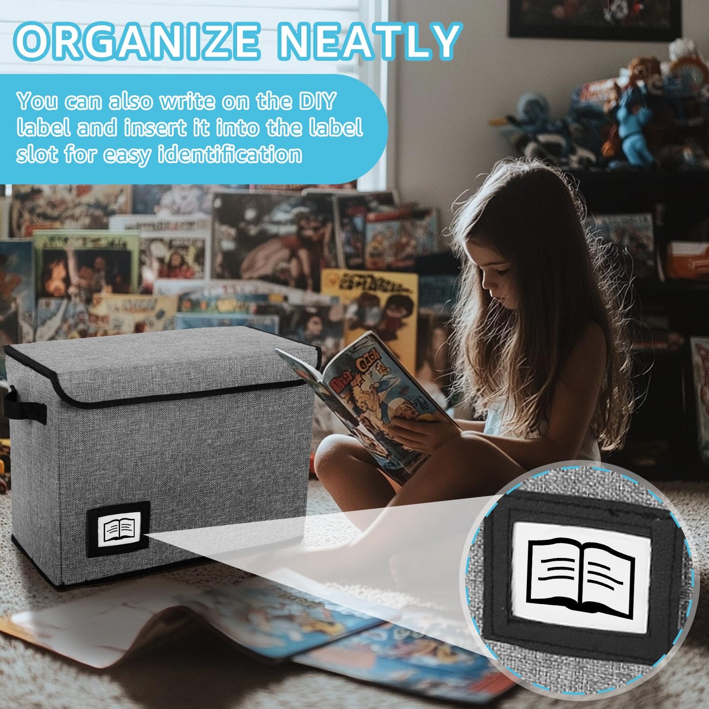 Comic Book Storage Box 15.74x7.87x11.8 inch Foldable Comic Book Bin Washable Integrated Comic Book Organizer Box with Lid Comic Book Display with