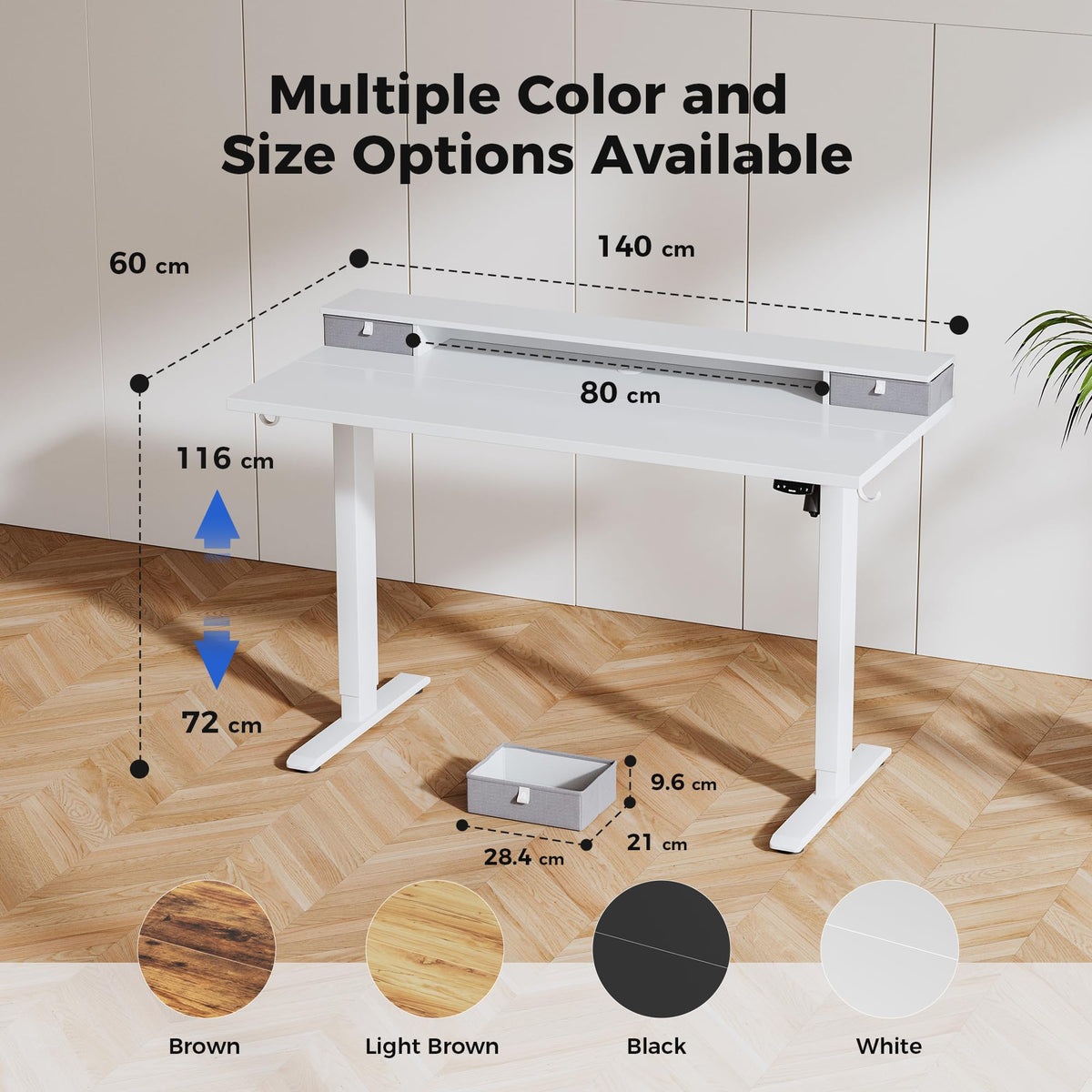 Agilestic Electric Adjustable Height Desk, with 2 Fabric Drawers, 140x60cm