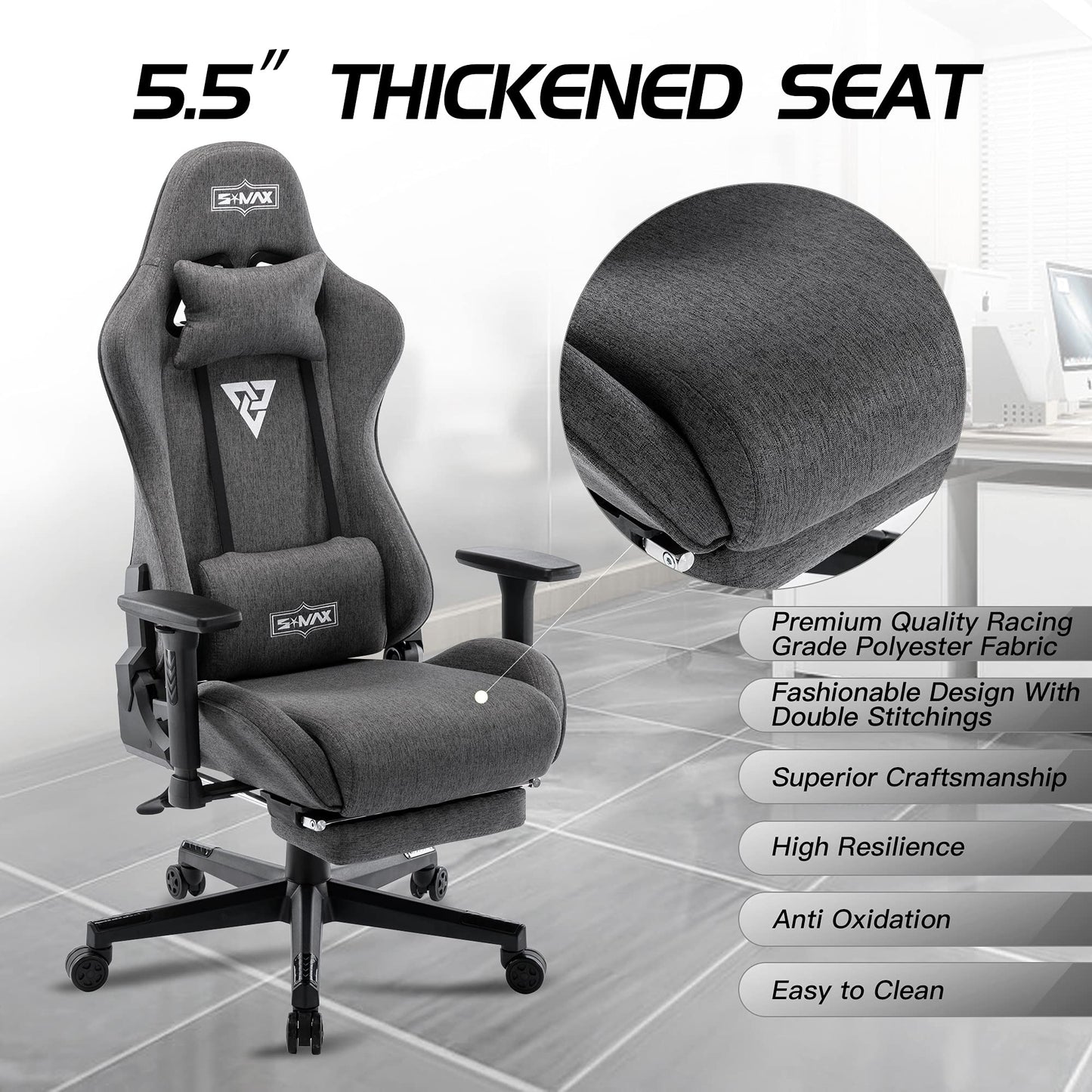 S*MAX Gaming Chair with Footrest Fabric Thicken Seat Ergonomic Gaming Chairs with 3D Armrest Breathable Fabric Headrest Lumbar Support Racing Style