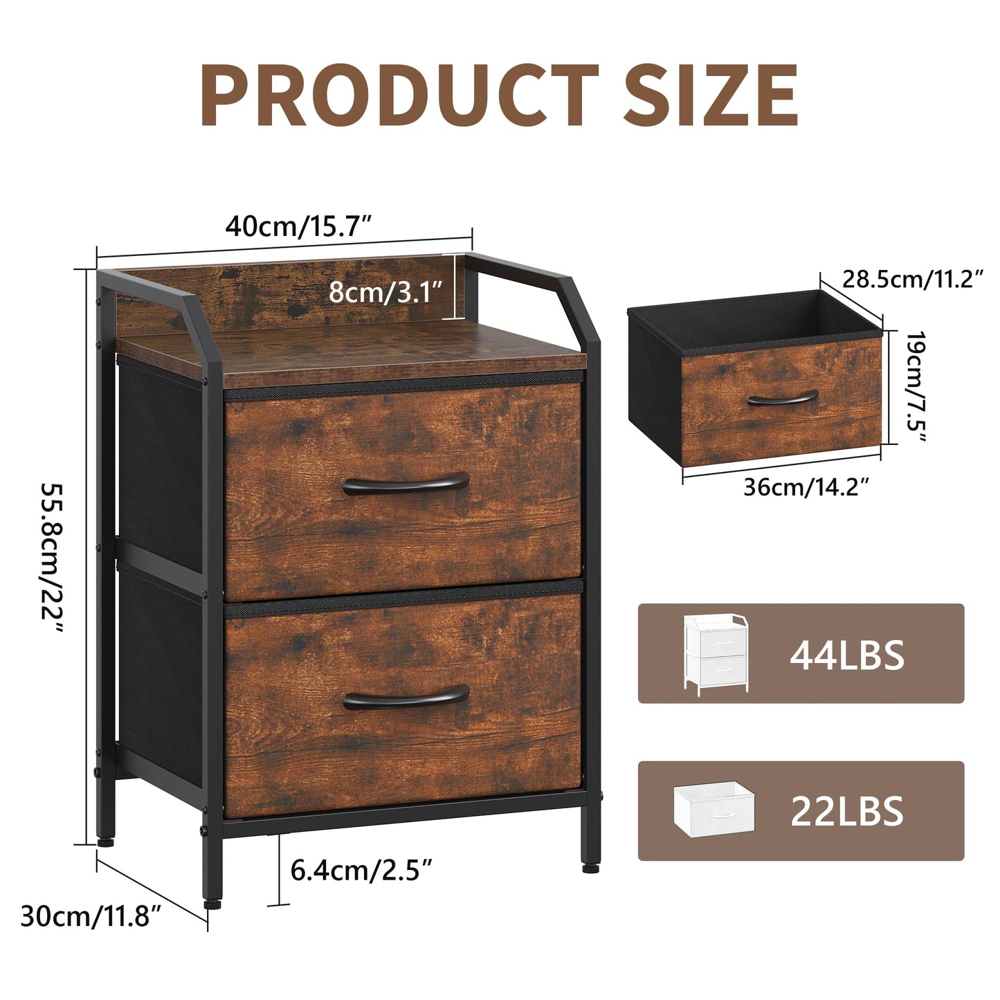 Feonase Bedside Tables Set of 2, Bedside Table with 2 Storage Fabric Drawers, Sturdy Metal Frame,Bed Side Table for Bedroom & Living Room Modern