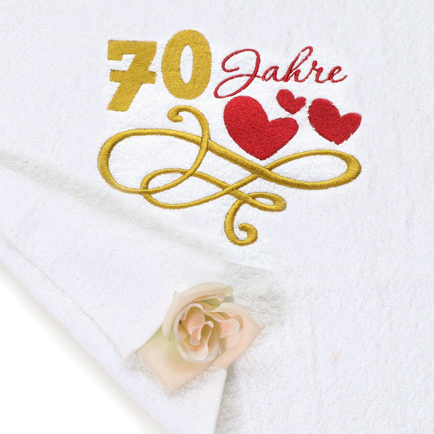 Gift Towel for 70th Birthday with Embroidered Hearts and 70 Years for Women and Ladies - 70th Anniversary Gift Idea